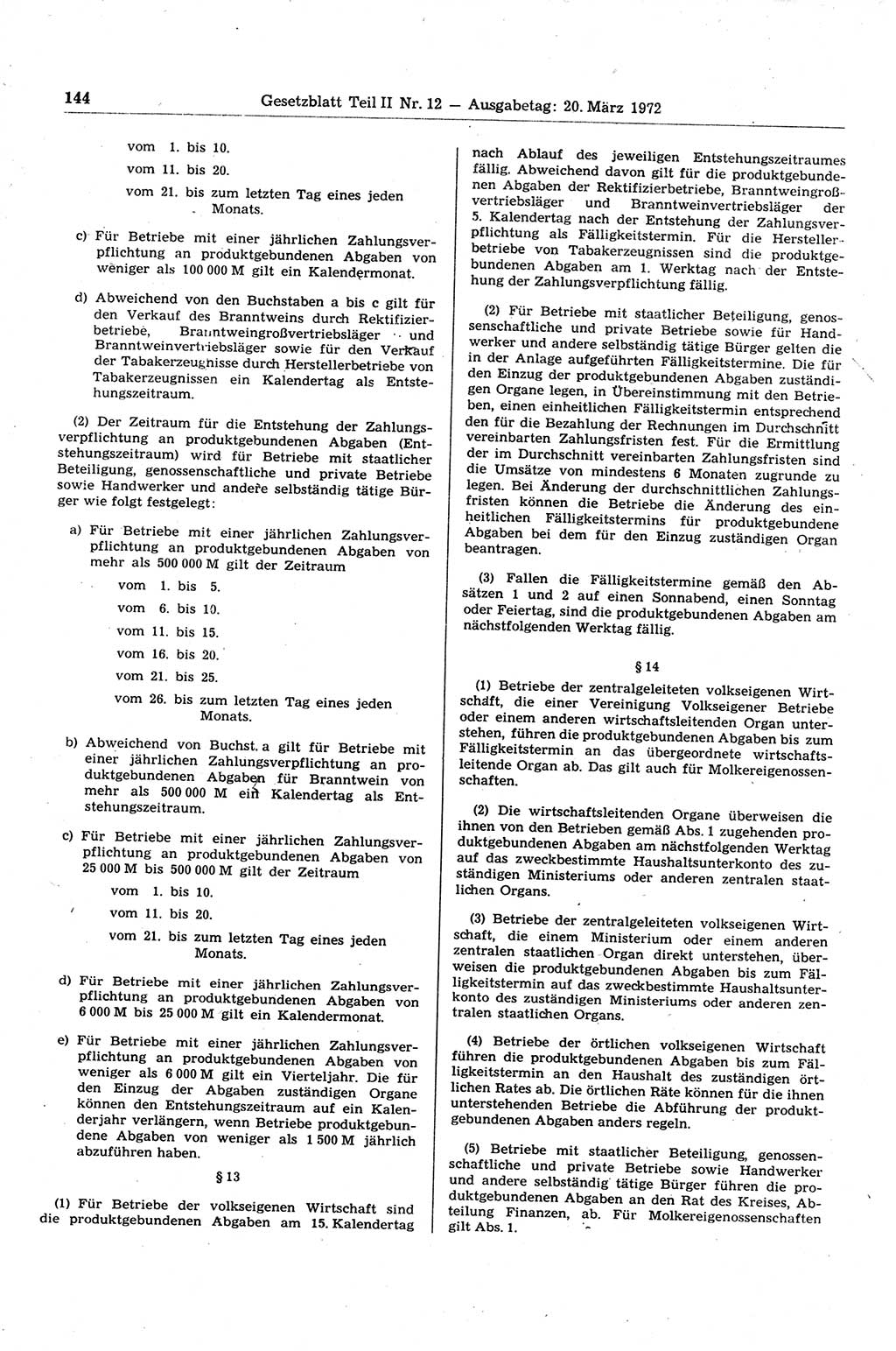 Gesetzblatt (GBl.) der Deutschen Demokratischen Republik (DDR) Teil ⅠⅠ 1972, Seite 144 (GBl. DDR ⅠⅠ 1972, S. 144)