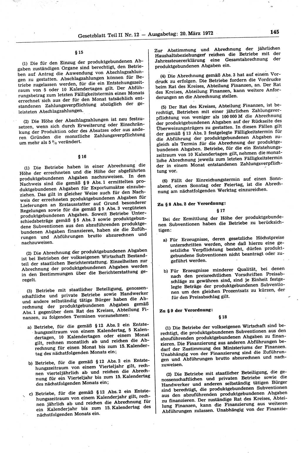 Gesetzblatt (GBl.) der Deutschen Demokratischen Republik (DDR) Teil ⅠⅠ 1972, Seite 145 (GBl. DDR ⅠⅠ 1972, S. 145)