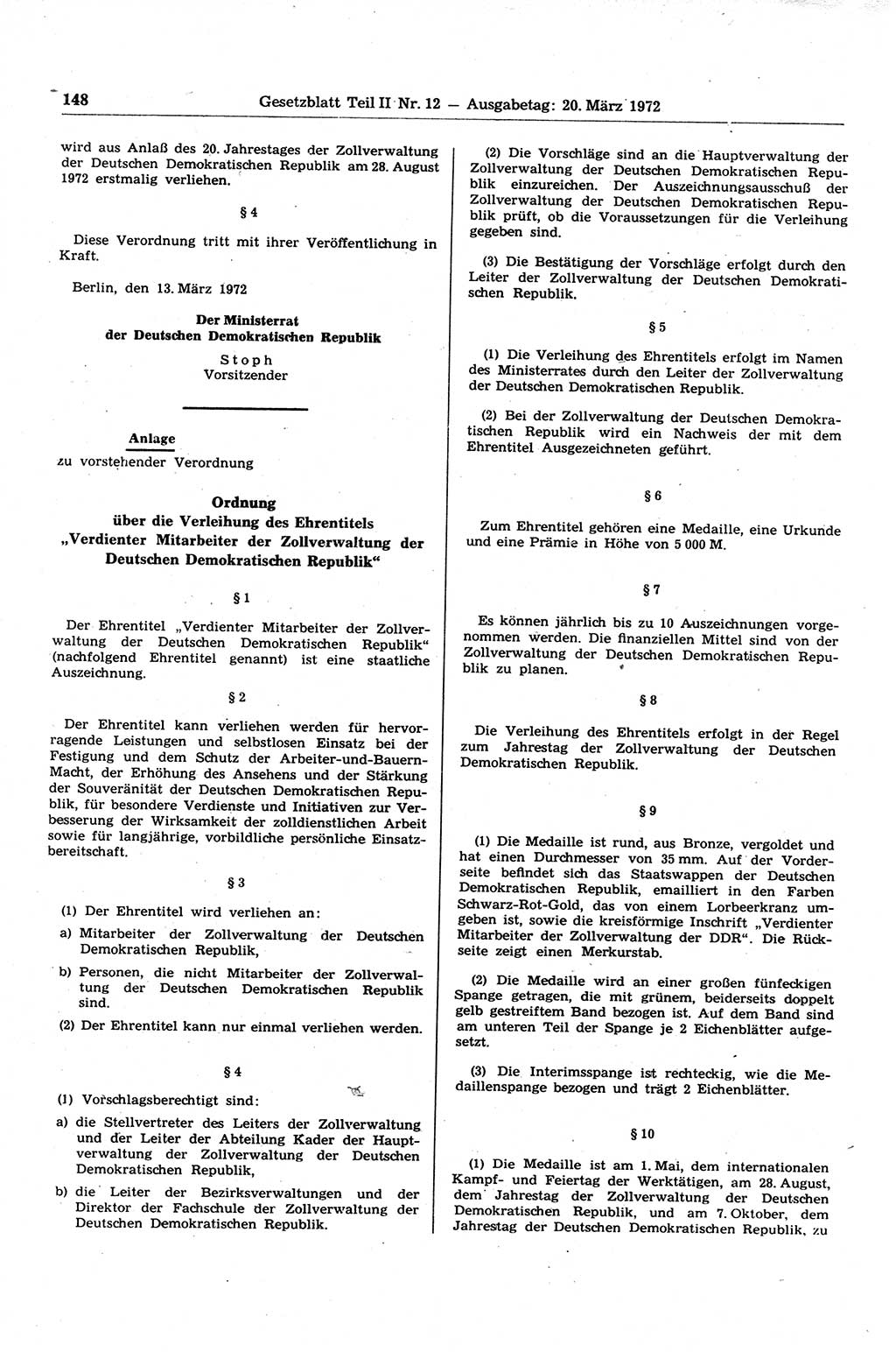Gesetzblatt (GBl.) der Deutschen Demokratischen Republik (DDR) Teil ⅠⅠ 1972, Seite 148 (GBl. DDR ⅠⅠ 1972, S. 148)