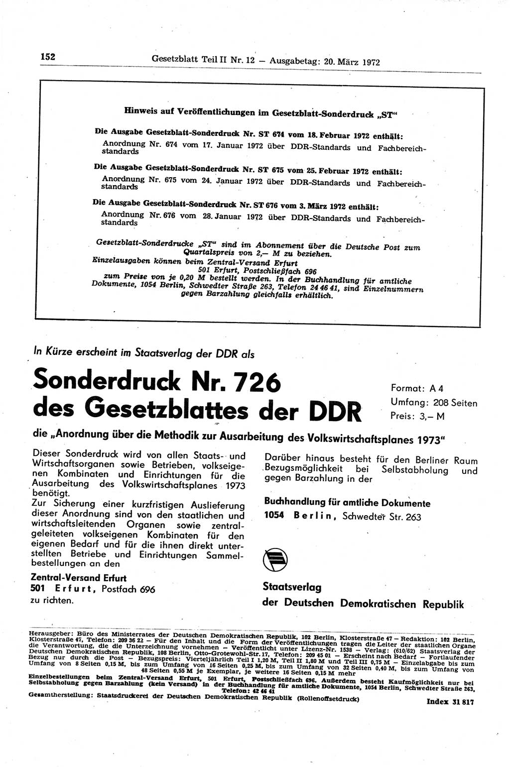 Gesetzblatt (GBl.) der Deutschen Demokratischen Republik (DDR) Teil ⅠⅠ 1972, Seite 152 (GBl. DDR ⅠⅠ 1972, S. 152)