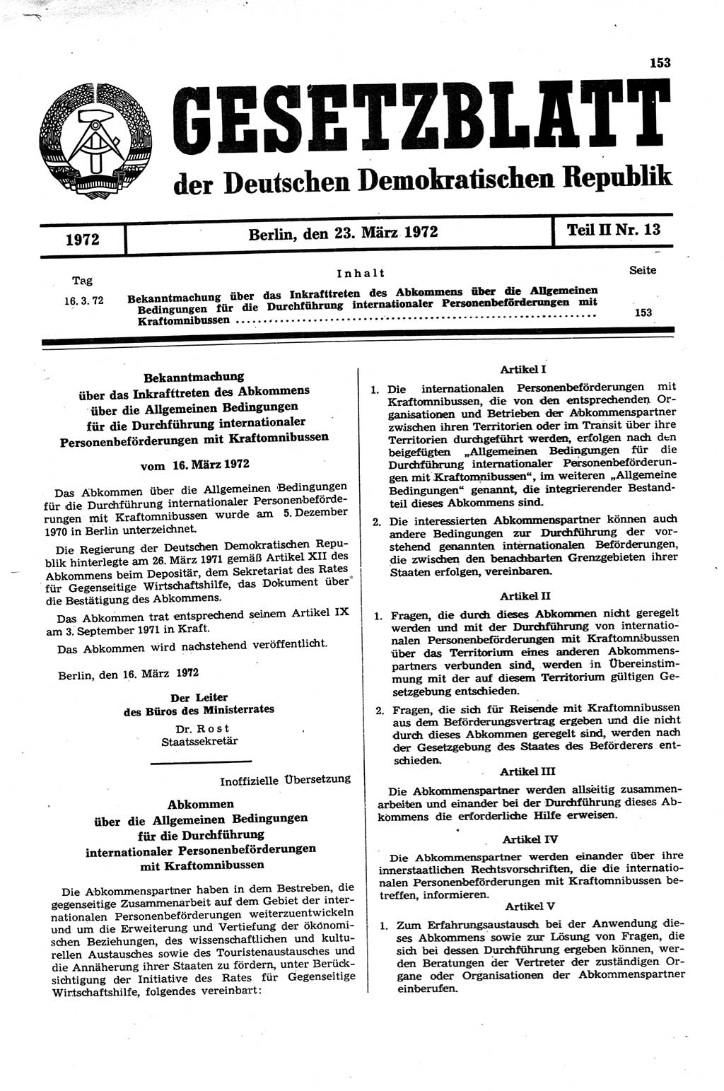 Gesetzblatt (GBl.) der Deutschen Demokratischen Republik (DDR) Teil ⅠⅠ 1972, Seite 153 (GBl. DDR ⅠⅠ 1972, S. 153)