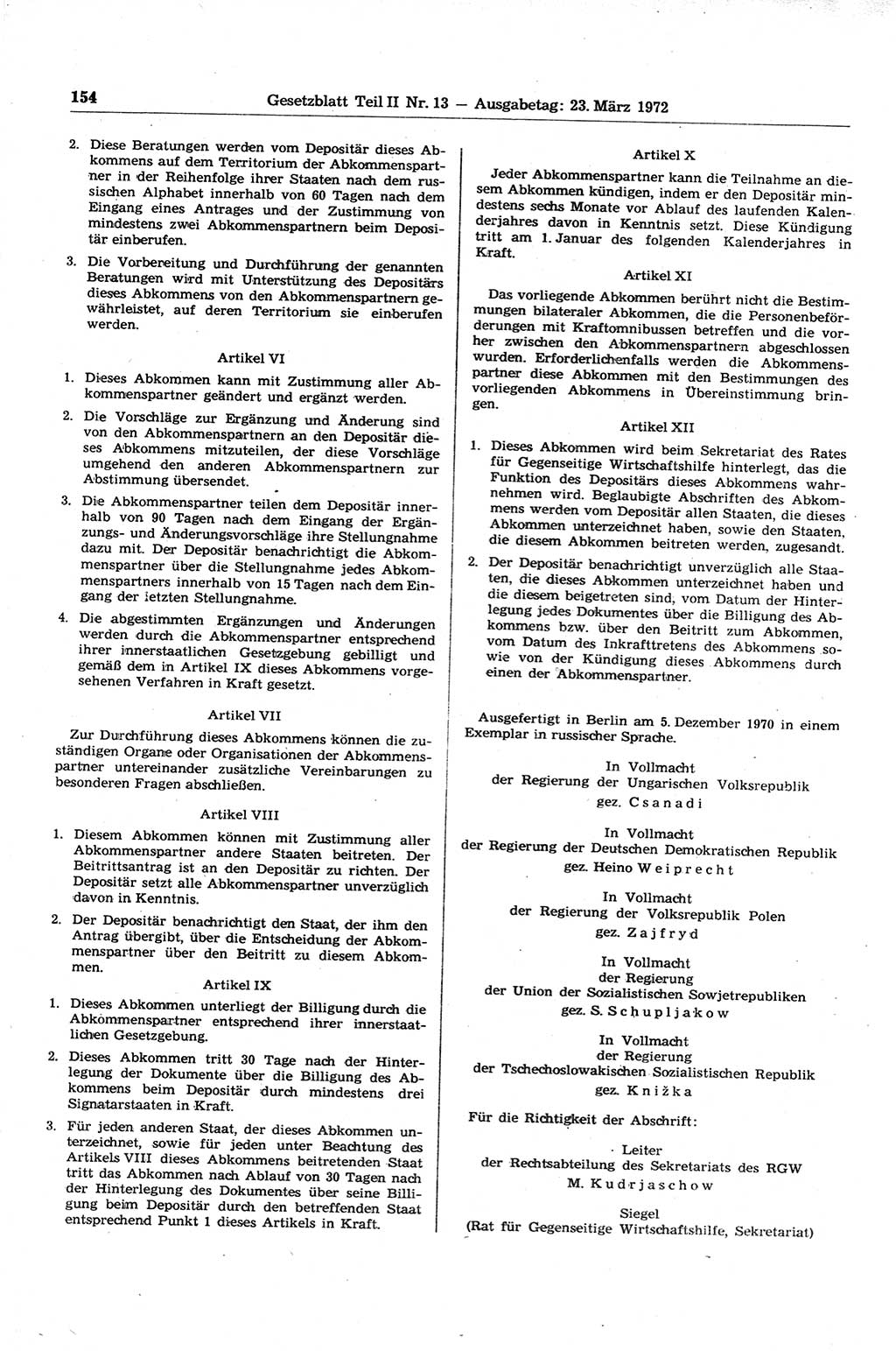Gesetzblatt (GBl.) der Deutschen Demokratischen Republik (DDR) Teil ⅠⅠ 1972, Seite 154 (GBl. DDR ⅠⅠ 1972, S. 154)
