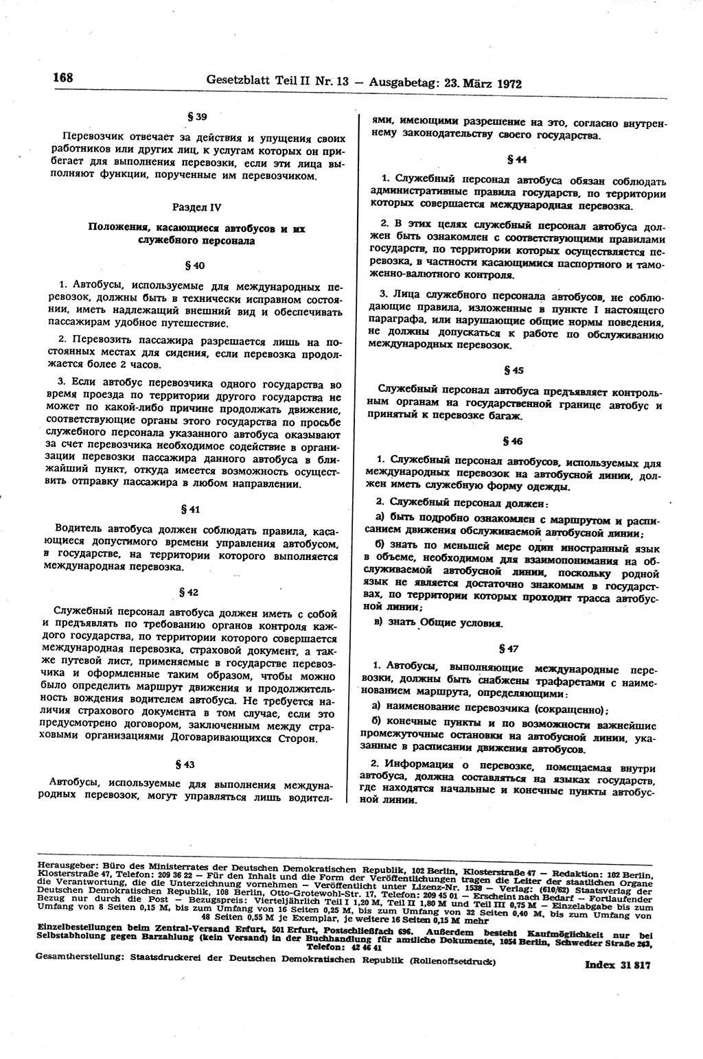 Gesetzblatt (GBl.) der Deutschen Demokratischen Republik (DDR) Teil ⅠⅠ 1972, Seite 168 (GBl. DDR ⅠⅠ 1972, S. 168)
