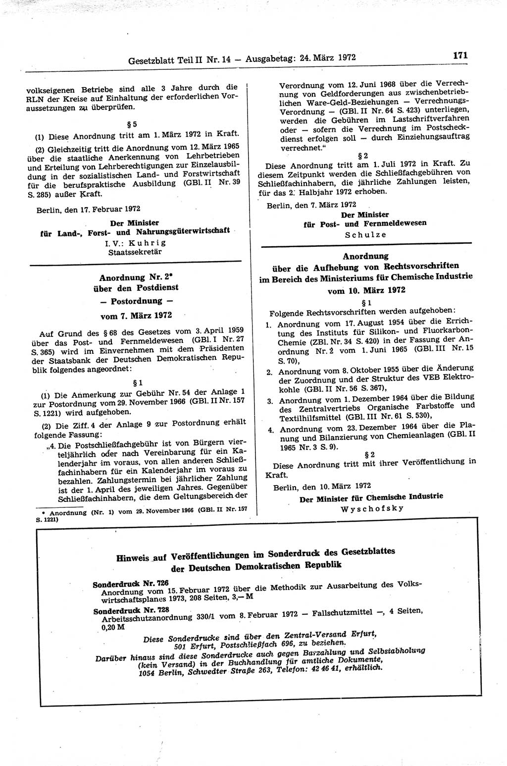 Gesetzblatt (GBl.) der Deutschen Demokratischen Republik (DDR) Teil ⅠⅠ 1972, Seite 171 (GBl. DDR ⅠⅠ 1972, S. 171)