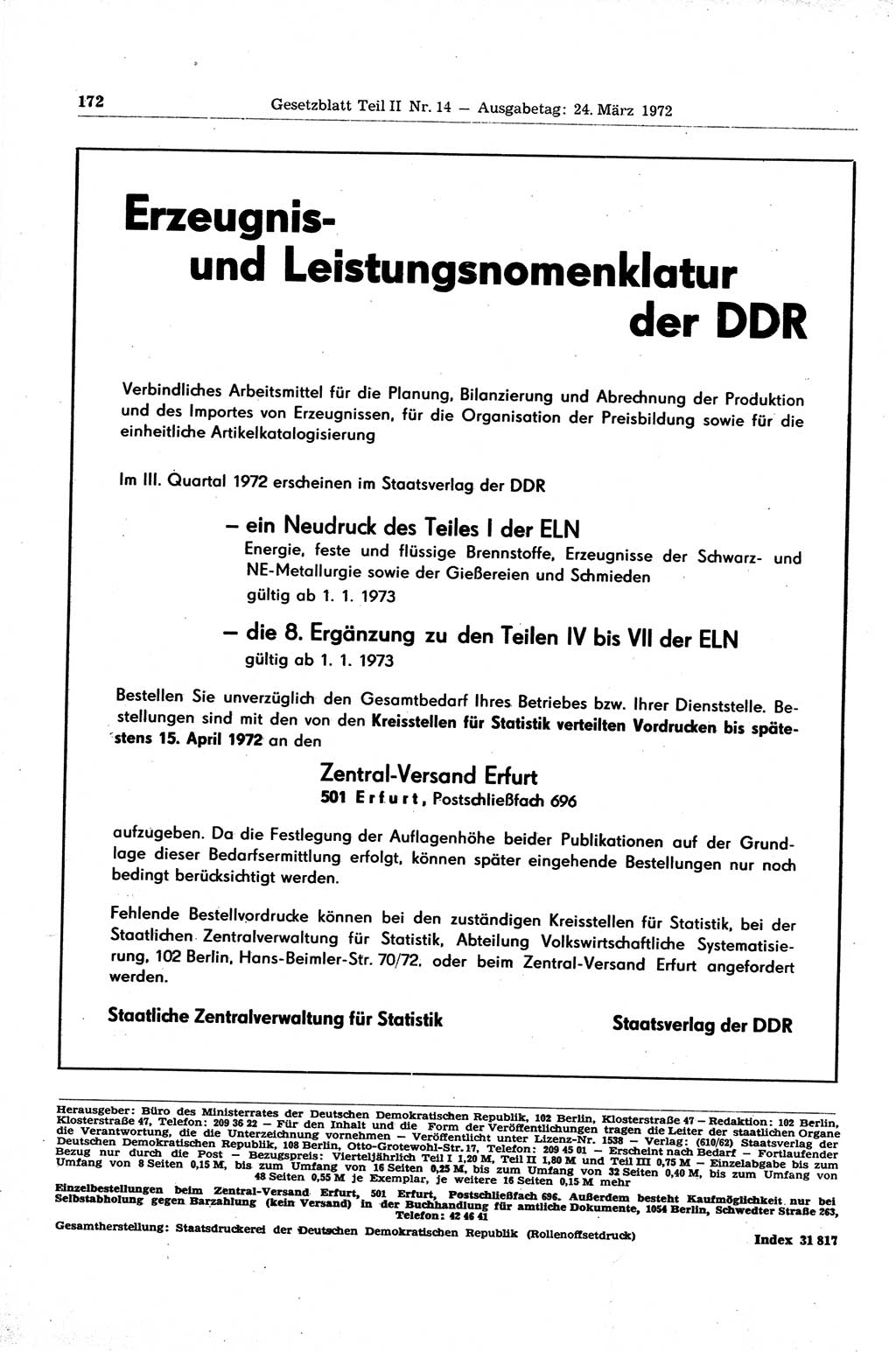 Gesetzblatt (GBl.) der Deutschen Demokratischen Republik (DDR) Teil ⅠⅠ 1972, Seite 172 (GBl. DDR ⅠⅠ 1972, S. 172)
