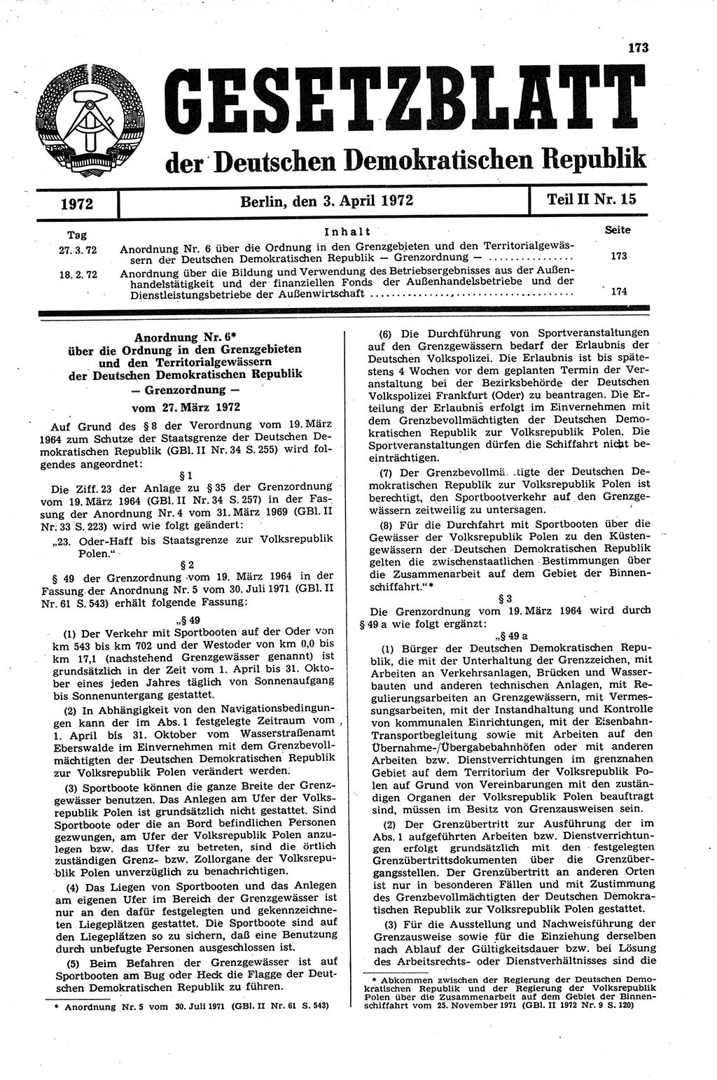 Gesetzblatt (GBl.) der Deutschen Demokratischen Republik (DDR) Teil ⅠⅠ 1972, Seite 173 (GBl. DDR ⅠⅠ 1972, S. 173)