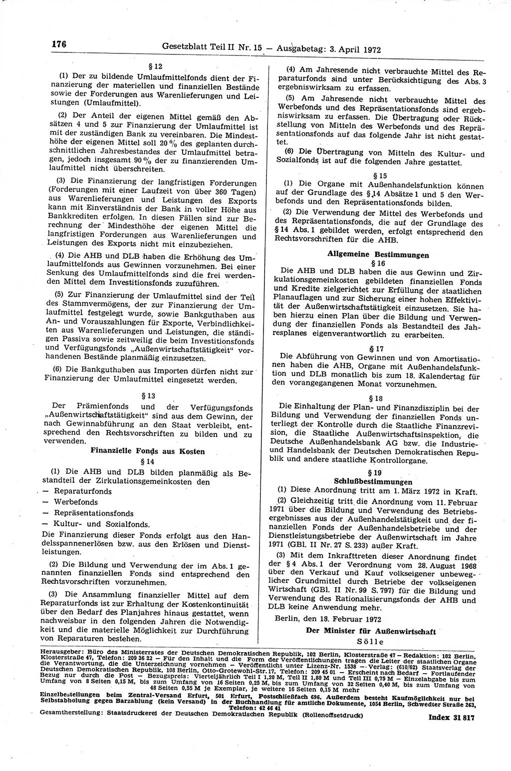 Gesetzblatt (GBl.) der Deutschen Demokratischen Republik (DDR) Teil ⅠⅠ 1972, Seite 176 (GBl. DDR ⅠⅠ 1972, S. 176)