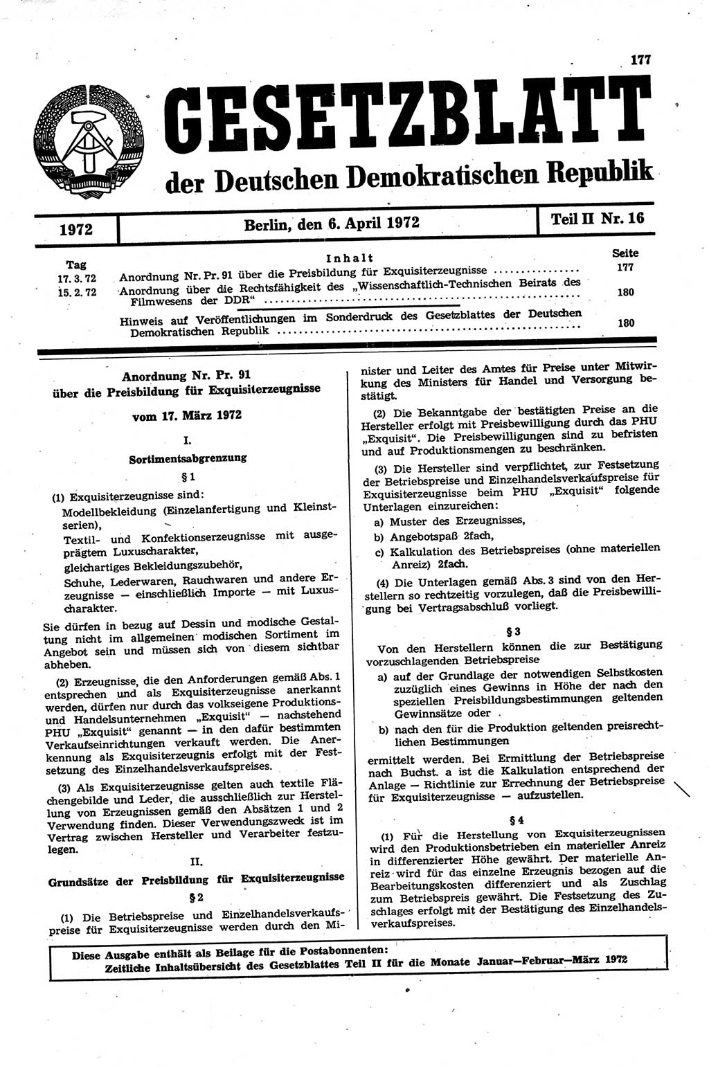 Gesetzblatt (GBl.) der Deutschen Demokratischen Republik (DDR) Teil ⅠⅠ 1972, Seite 177 (GBl. DDR ⅠⅠ 1972, S. 177)