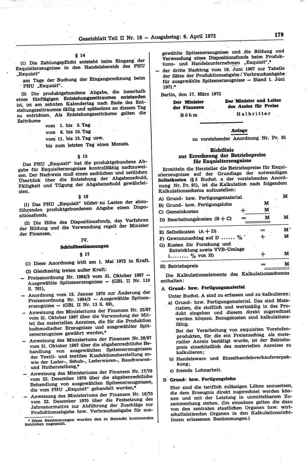 Gesetzblatt (GBl.) der Deutschen Demokratischen Republik (DDR) Teil ⅠⅠ 1972, Seite 179 (GBl. DDR ⅠⅠ 1972, S. 179)