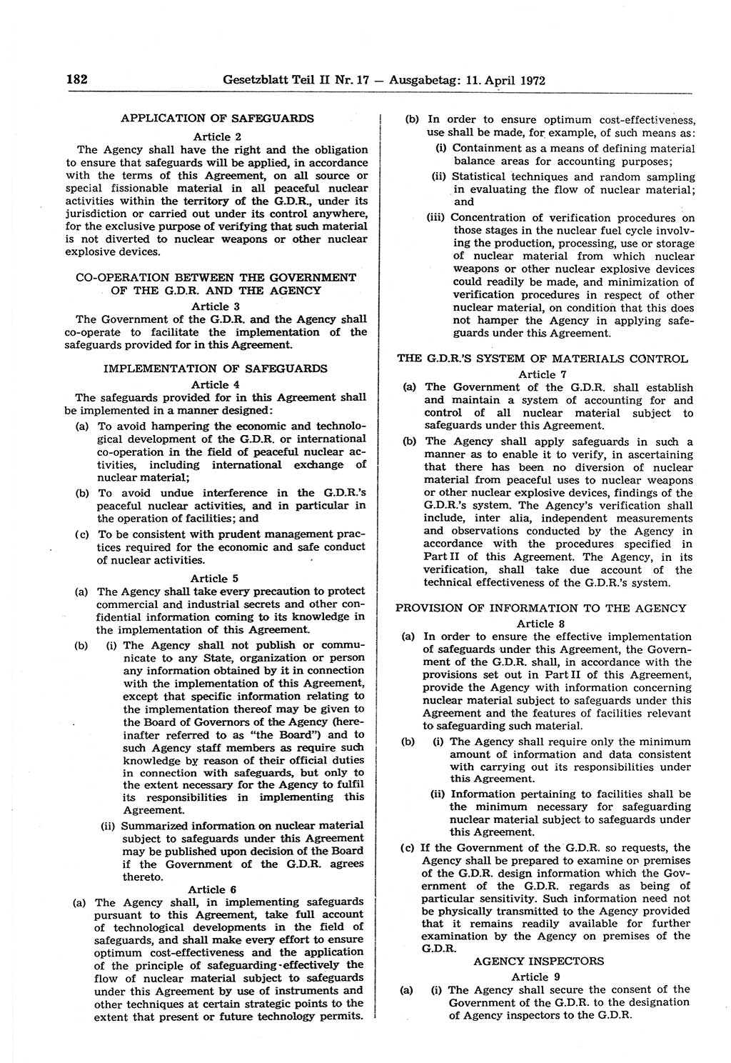 Gesetzblatt (GBl.) der Deutschen Demokratischen Republik (DDR) Teil ⅠⅠ 1972, Seite 182 (GBl. DDR ⅠⅠ 1972, S. 182)