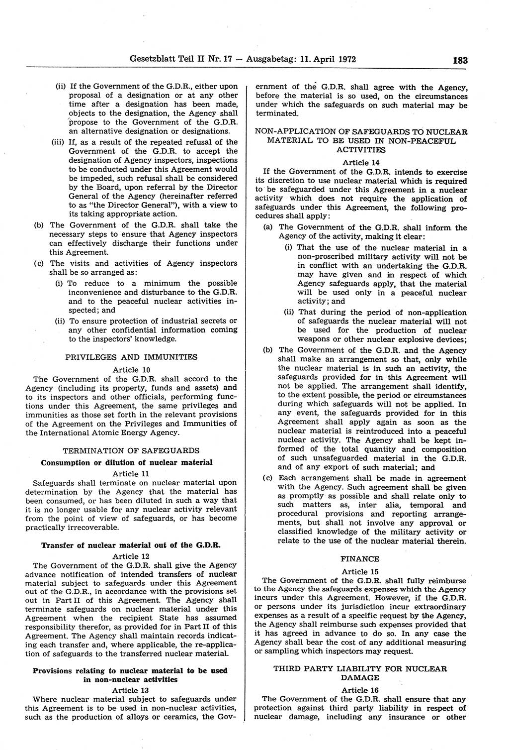 Gesetzblatt (GBl.) der Deutschen Demokratischen Republik (DDR) Teil ⅠⅠ 1972, Seite 183 (GBl. DDR ⅠⅠ 1972, S. 183)