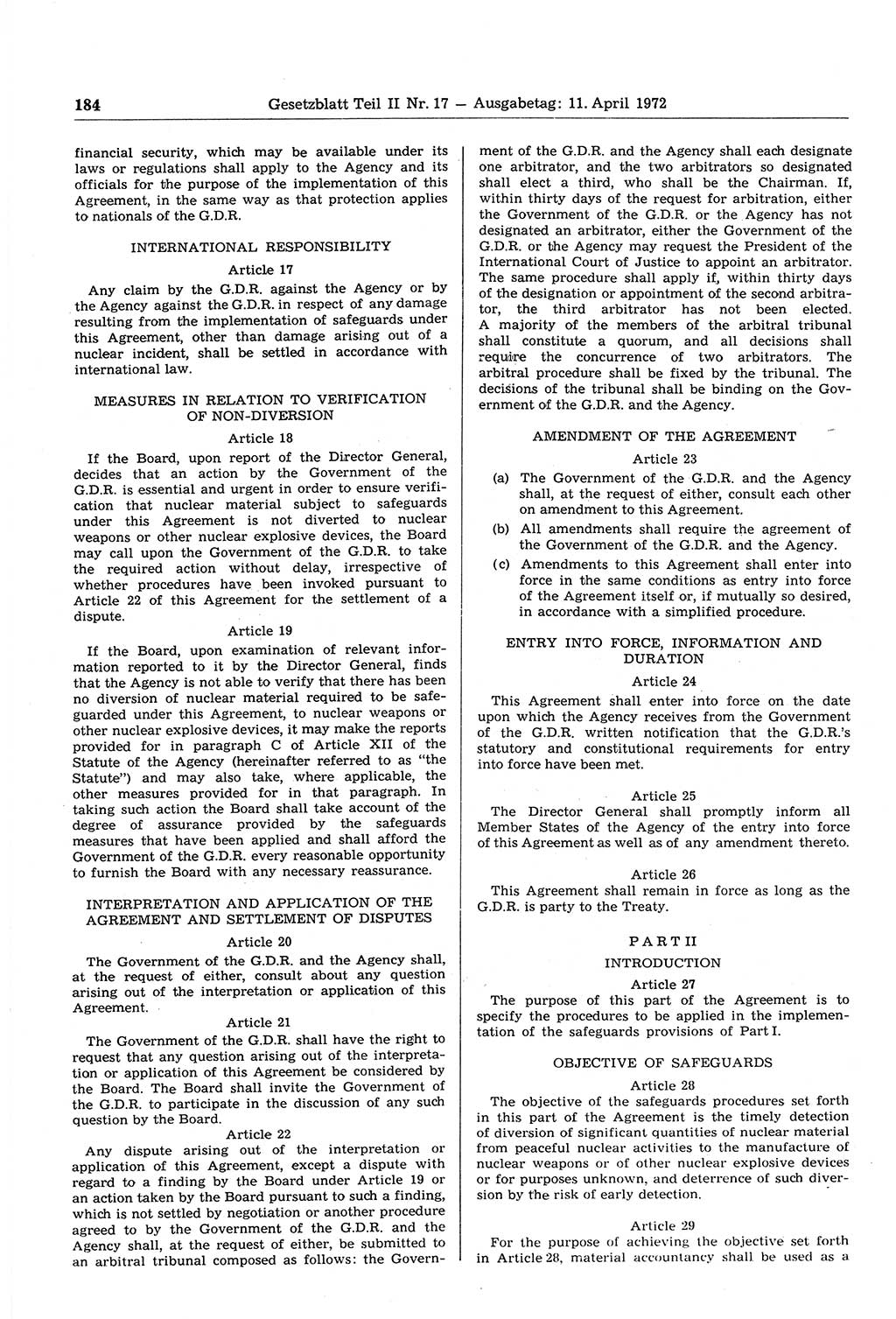 Gesetzblatt (GBl.) der Deutschen Demokratischen Republik (DDR) Teil ⅠⅠ 1972, Seite 184 (GBl. DDR ⅠⅠ 1972, S. 184)