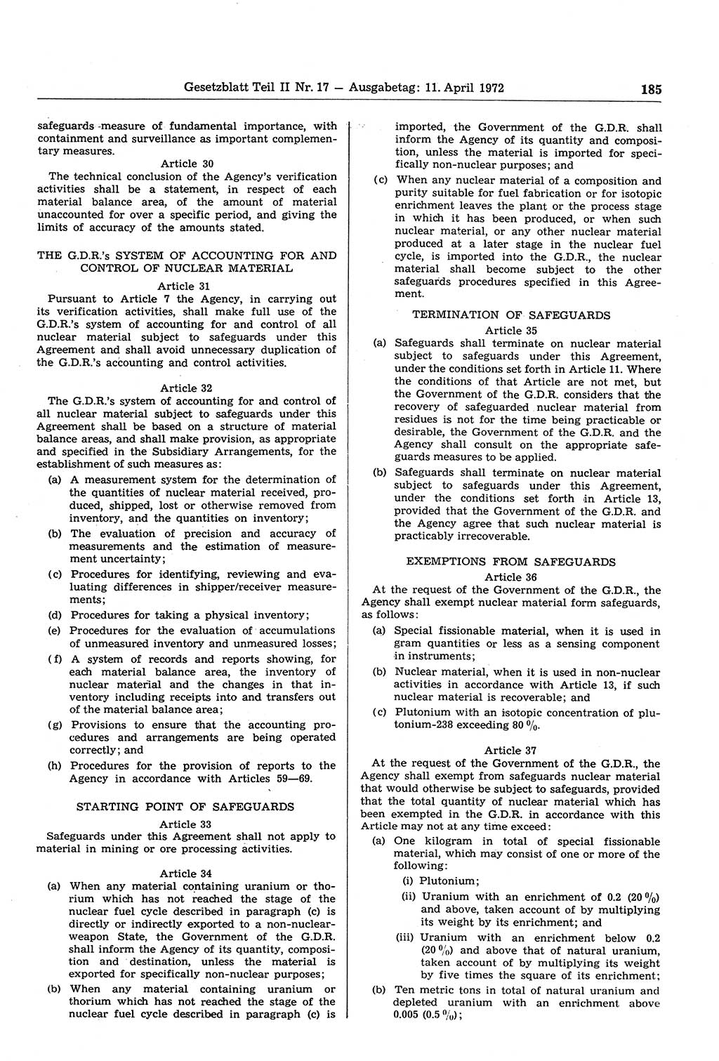 Gesetzblatt (GBl.) der Deutschen Demokratischen Republik (DDR) Teil ⅠⅠ 1972, Seite 185 (GBl. DDR ⅠⅠ 1972, S. 185)