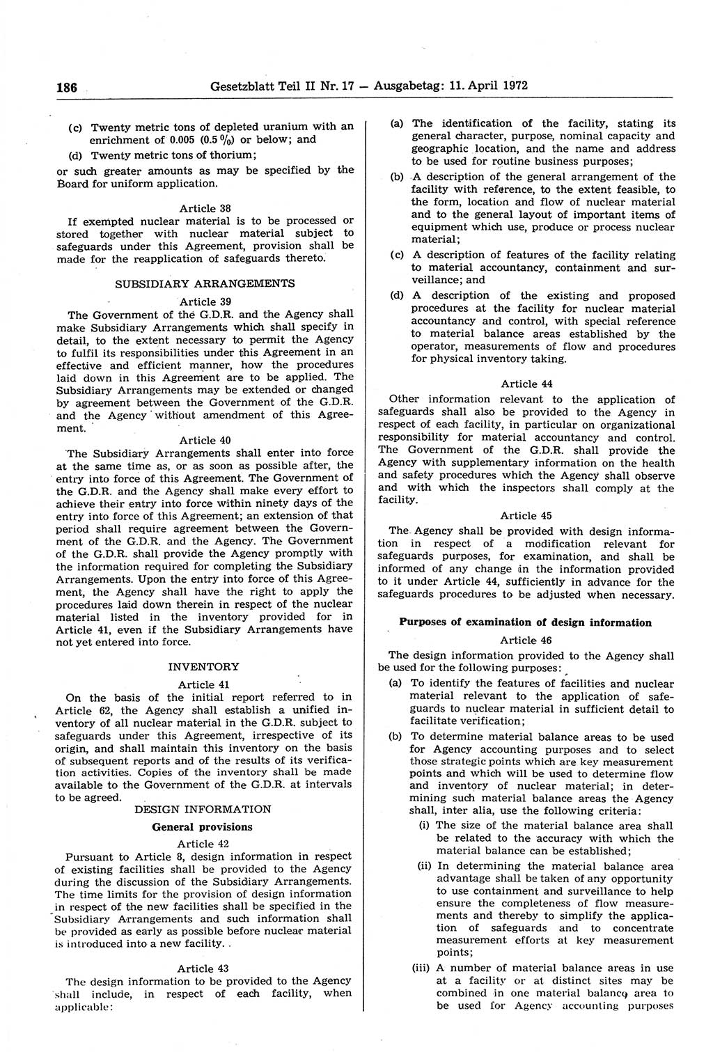 Gesetzblatt (GBl.) der Deutschen Demokratischen Republik (DDR) Teil ⅠⅠ 1972, Seite 186 (GBl. DDR ⅠⅠ 1972, S. 186)