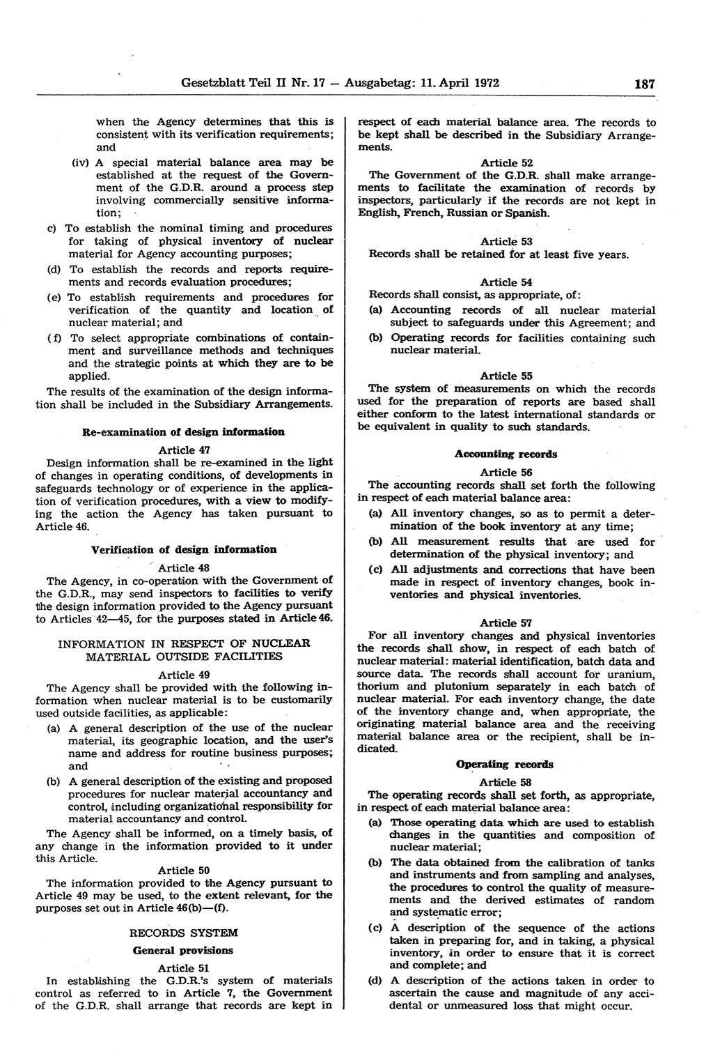 Gesetzblatt (GBl.) der Deutschen Demokratischen Republik (DDR) Teil ⅠⅠ 1972, Seite 187 (GBl. DDR ⅠⅠ 1972, S. 187)