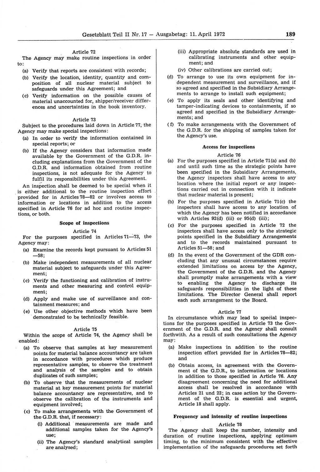 Gesetzblatt (GBl.) der Deutschen Demokratischen Republik (DDR) Teil ⅠⅠ 1972, Seite 189 (GBl. DDR ⅠⅠ 1972, S. 189)