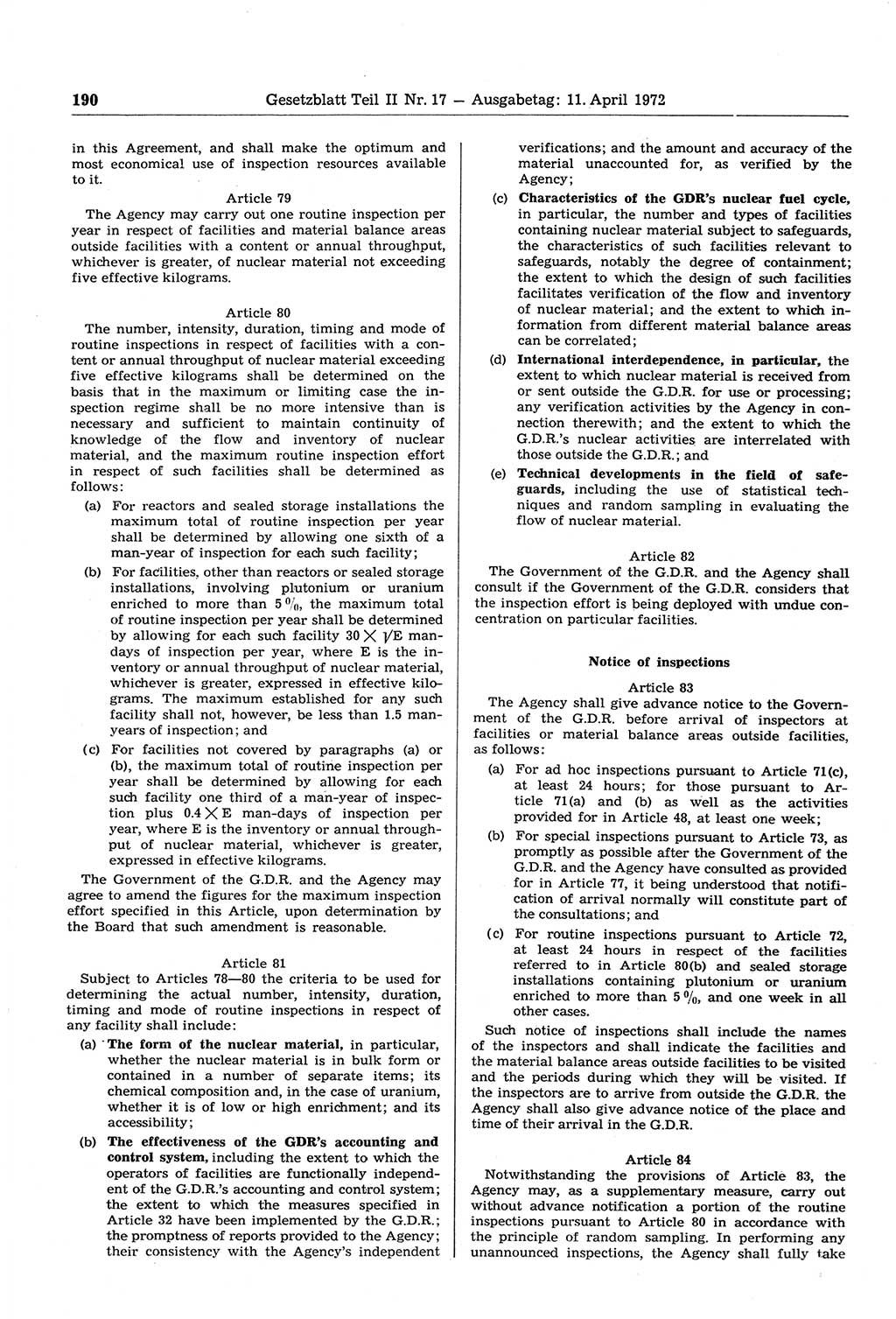 Gesetzblatt (GBl.) der Deutschen Demokratischen Republik (DDR) Teil ⅠⅠ 1972, Seite 190 (GBl. DDR ⅠⅠ 1972, S. 190)