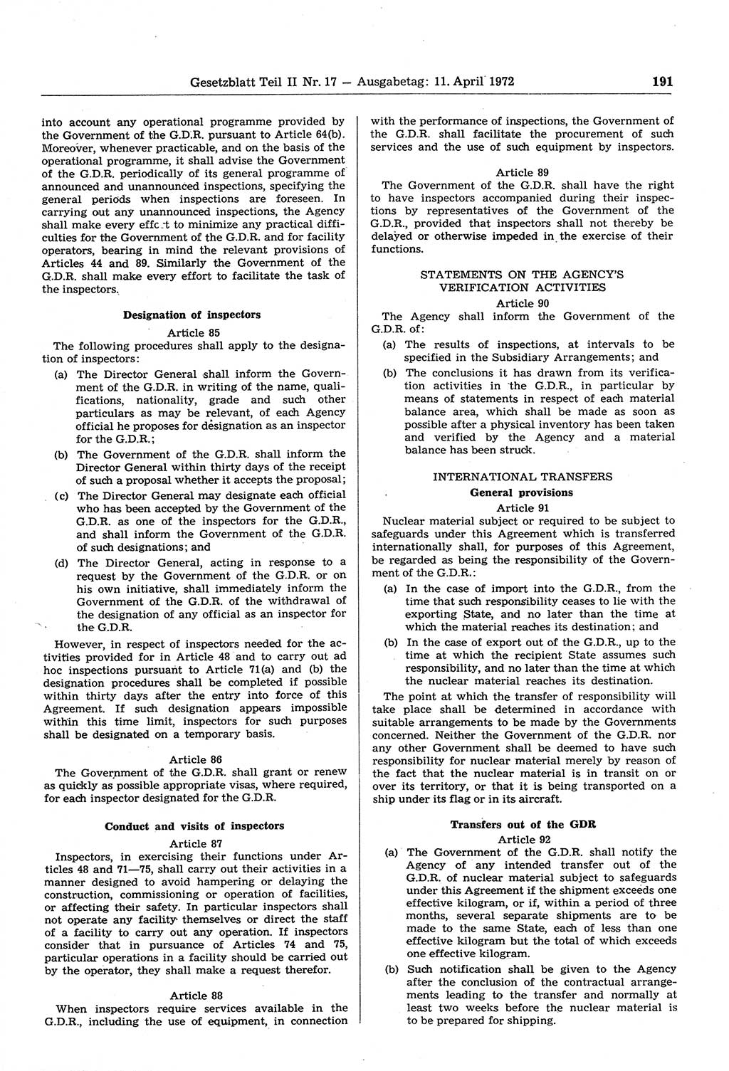 Gesetzblatt (GBl.) der Deutschen Demokratischen Republik (DDR) Teil ⅠⅠ 1972, Seite 191 (GBl. DDR ⅠⅠ 1972, S. 191)