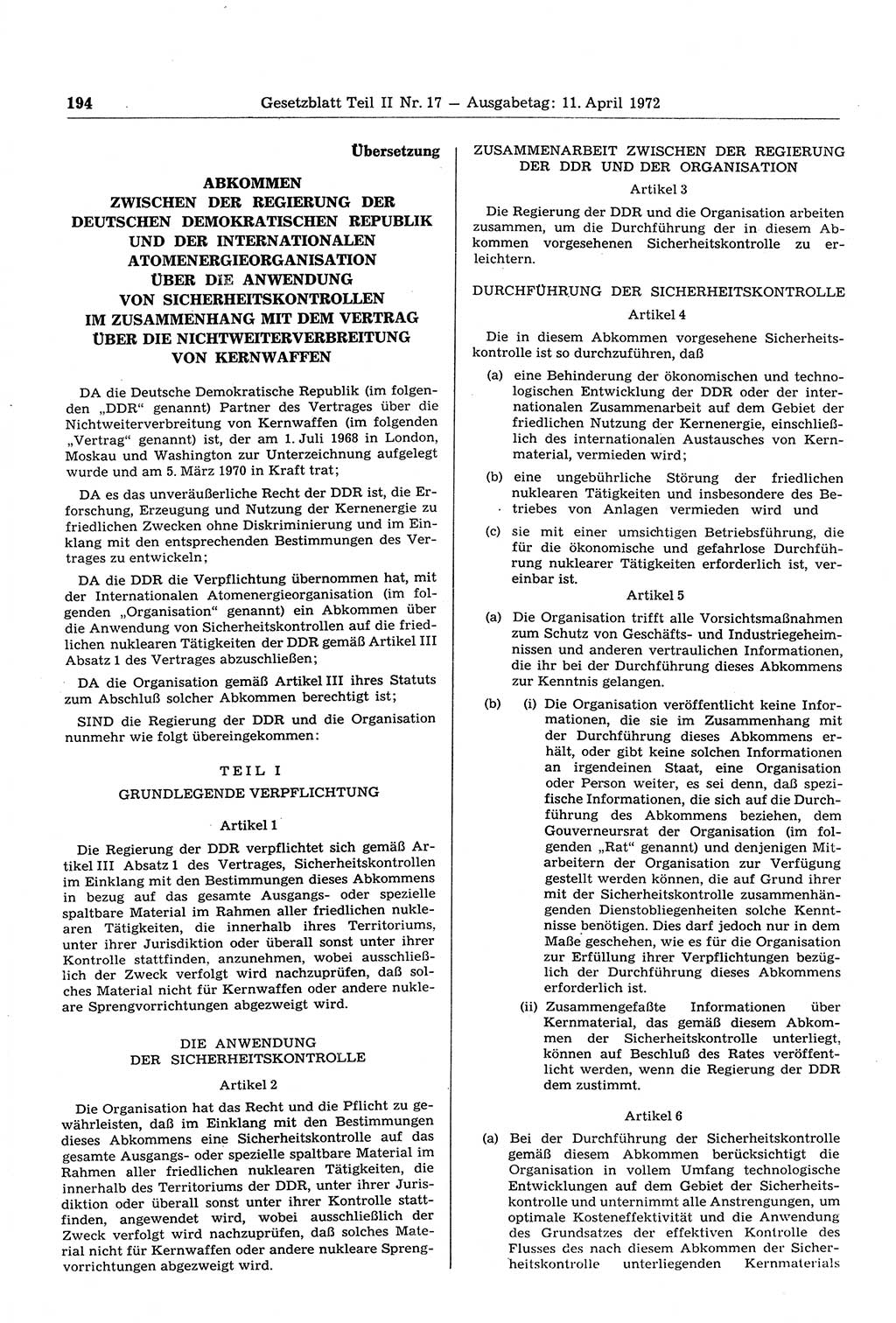 Gesetzblatt (GBl.) der Deutschen Demokratischen Republik (DDR) Teil ⅠⅠ 1972, Seite 194 (GBl. DDR ⅠⅠ 1972, S. 194)
