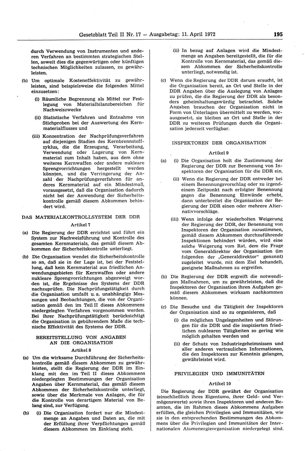 Gesetzblatt (GBl.) der Deutschen Demokratischen Republik (DDR) Teil ⅠⅠ 1972, Seite 195 (GBl. DDR ⅠⅠ 1972, S. 195)