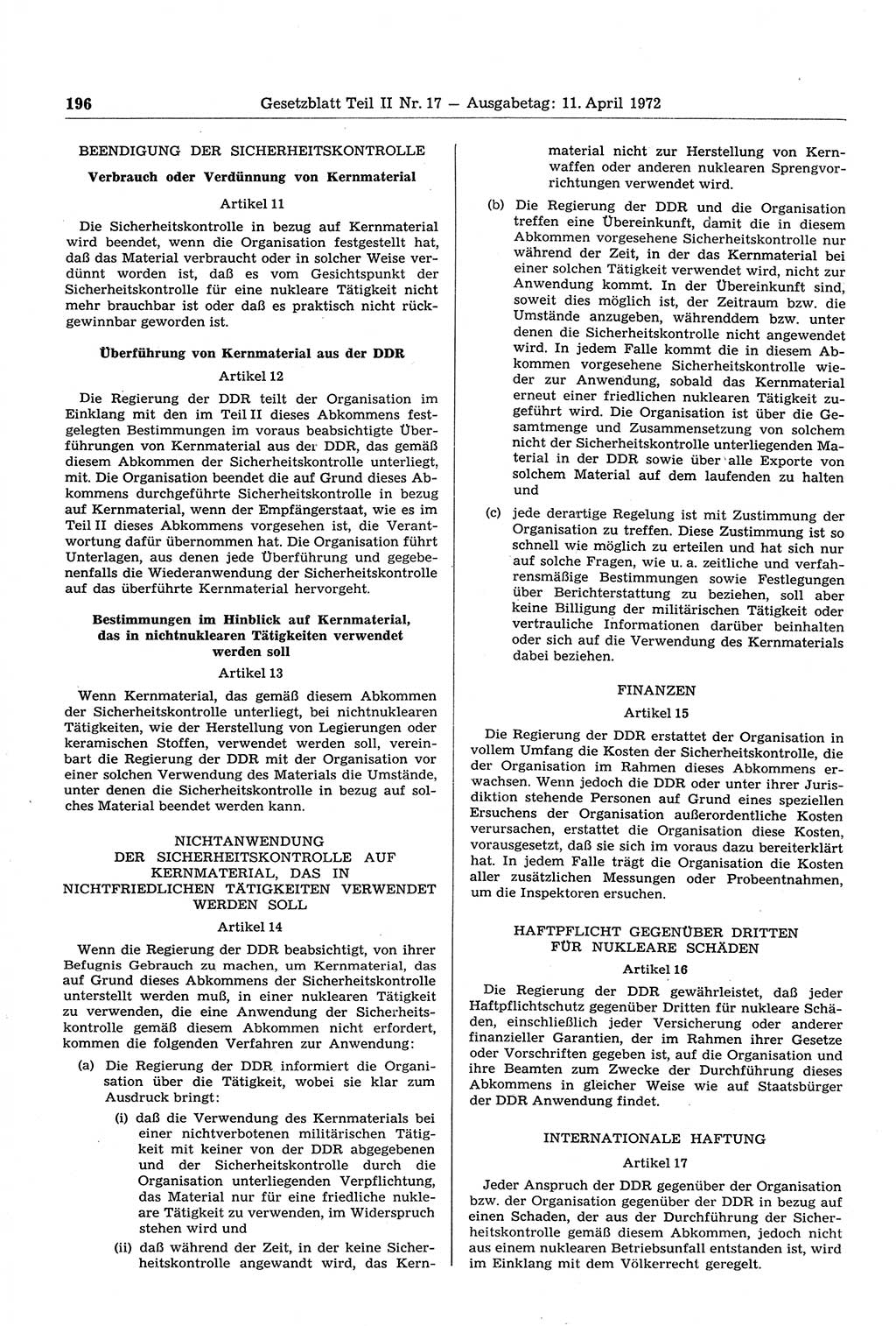 Gesetzblatt (GBl.) der Deutschen Demokratischen Republik (DDR) Teil ⅠⅠ 1972, Seite 196 (GBl. DDR ⅠⅠ 1972, S. 196)