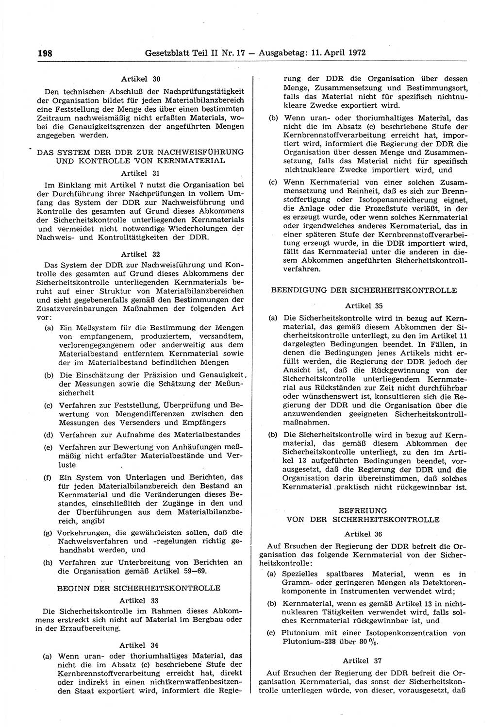 Gesetzblatt (GBl.) der Deutschen Demokratischen Republik (DDR) Teil ⅠⅠ 1972, Seite 198 (GBl. DDR ⅠⅠ 1972, S. 198)