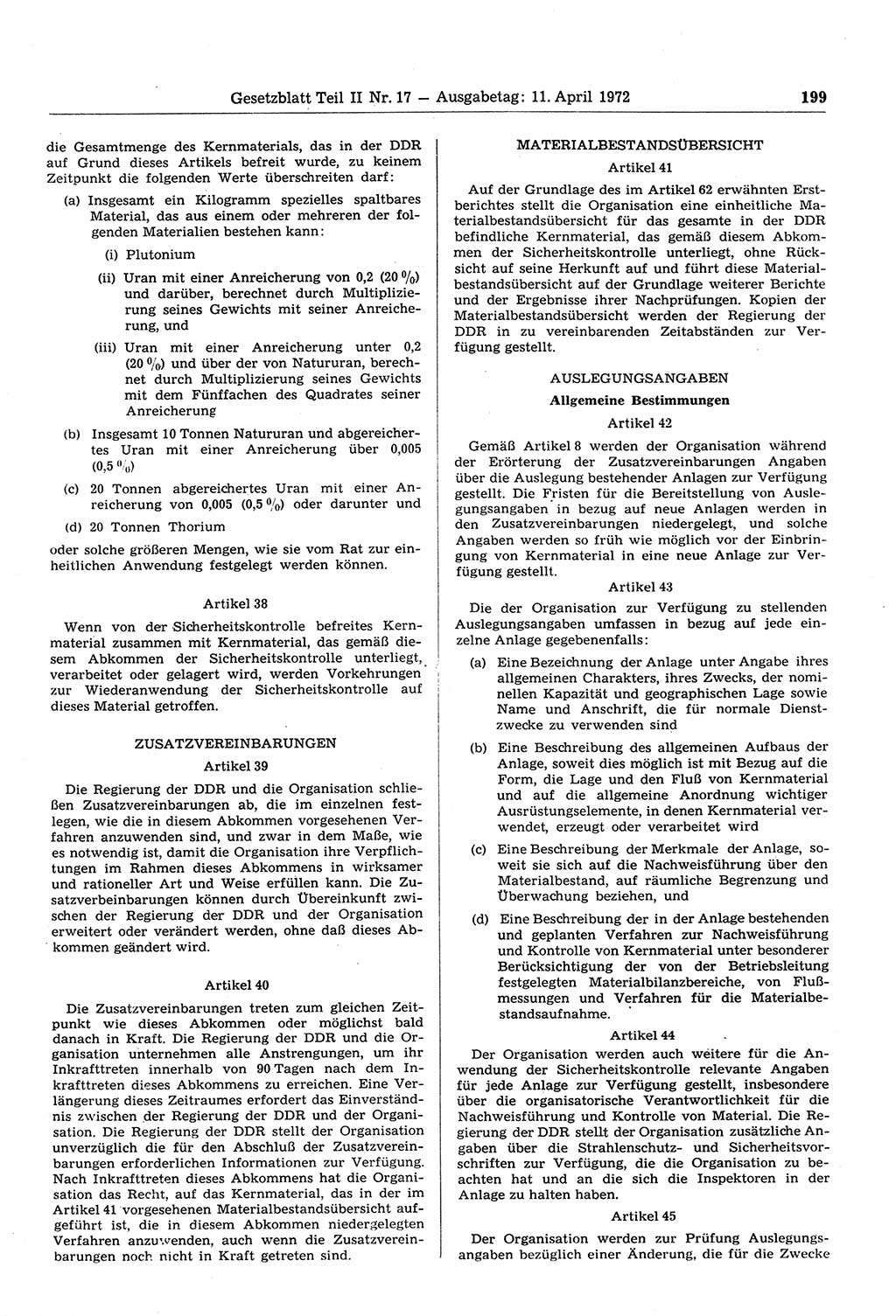 Gesetzblatt (GBl.) der Deutschen Demokratischen Republik (DDR) Teil ⅠⅠ 1972, Seite 199 (GBl. DDR ⅠⅠ 1972, S. 199)