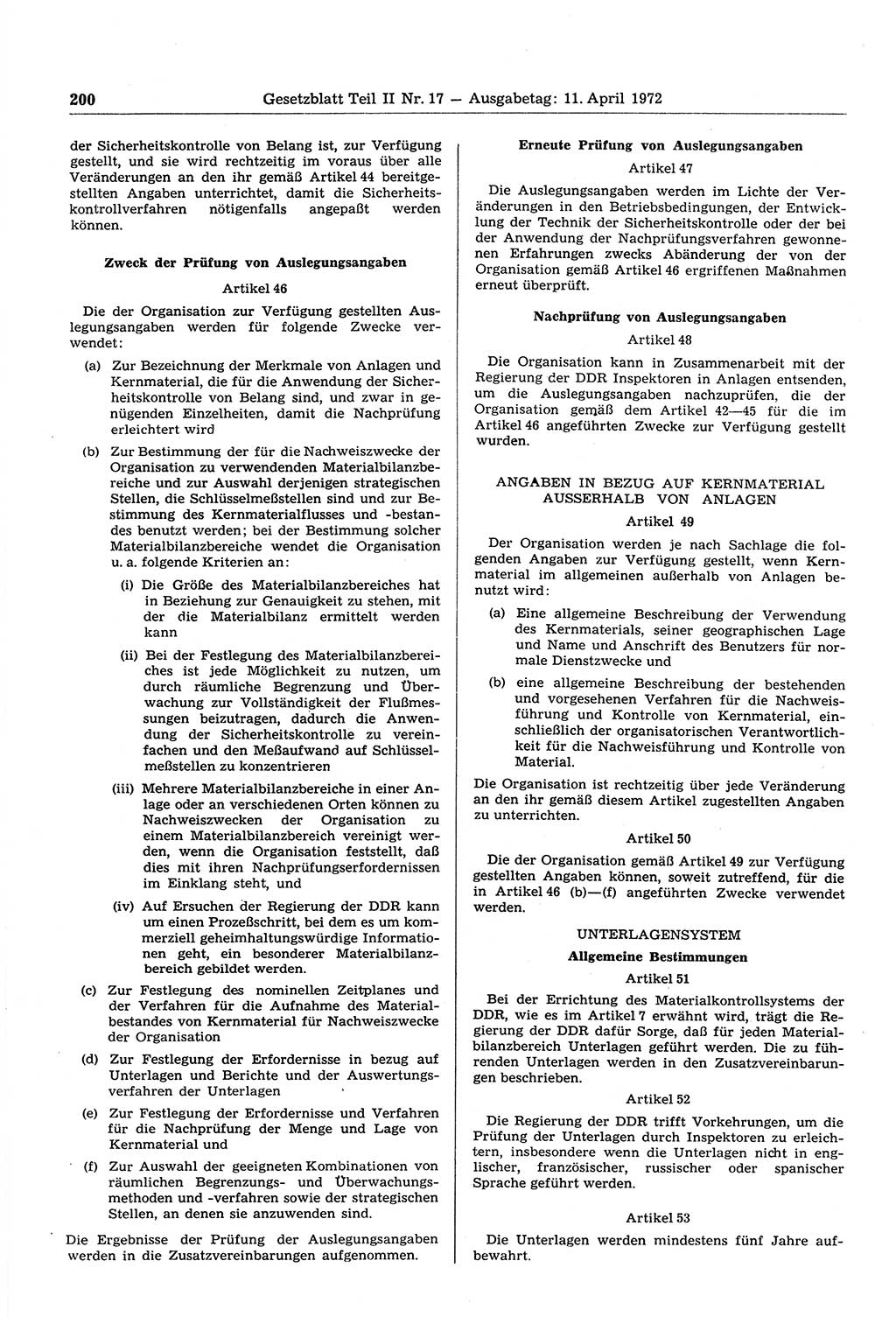 Gesetzblatt (GBl.) der Deutschen Demokratischen Republik (DDR) Teil ⅠⅠ 1972, Seite 200 (GBl. DDR ⅠⅠ 1972, S. 200)