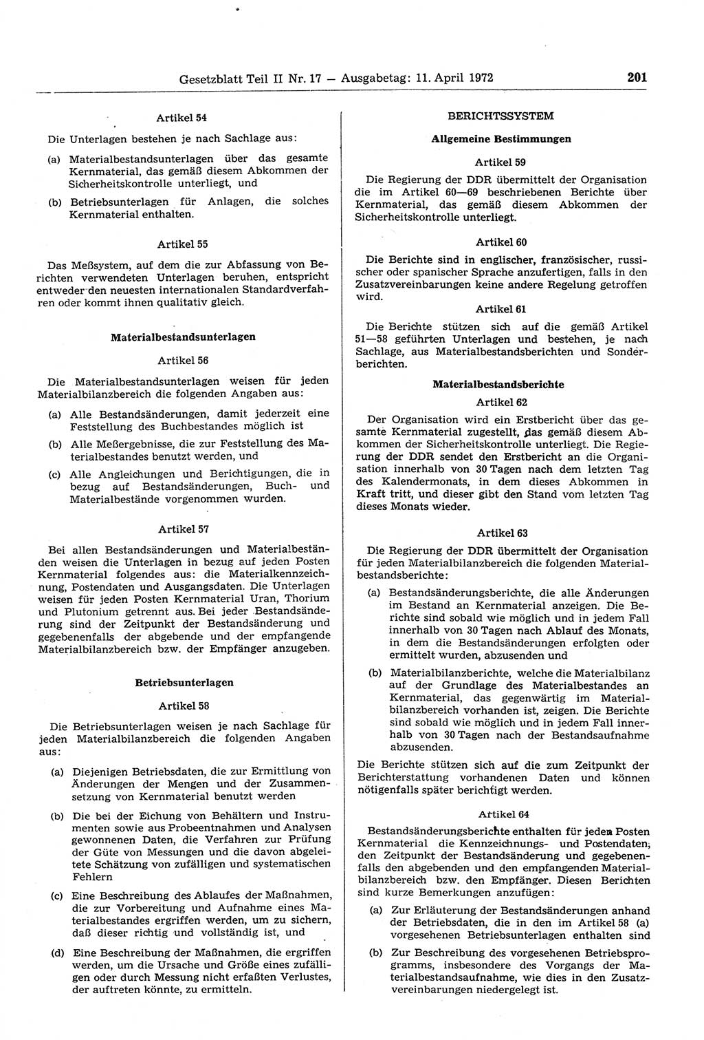 Gesetzblatt (GBl.) der Deutschen Demokratischen Republik (DDR) Teil ⅠⅠ 1972, Seite 201 (GBl. DDR ⅠⅠ 1972, S. 201)