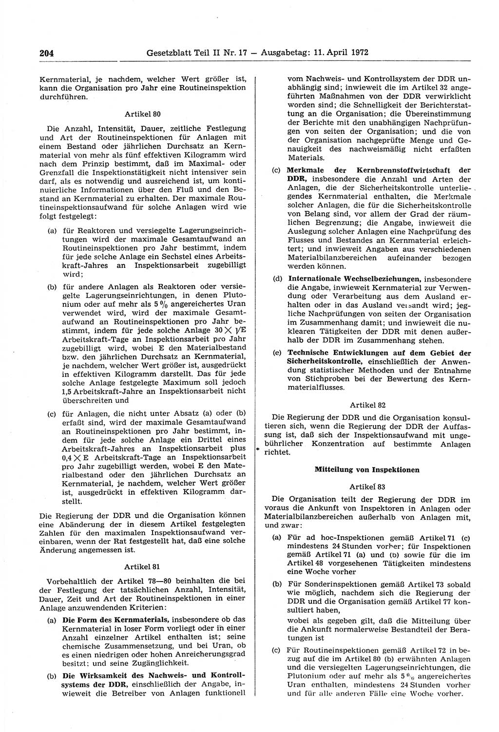 Gesetzblatt (GBl.) der Deutschen Demokratischen Republik (DDR) Teil ⅠⅠ 1972, Seite 204 (GBl. DDR ⅠⅠ 1972, S. 204)