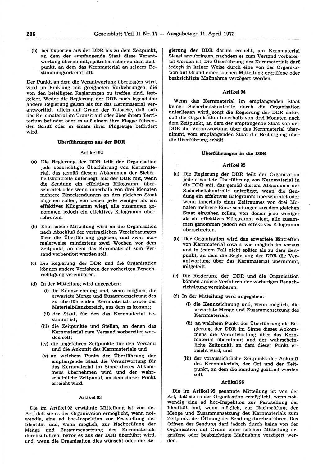 Gesetzblatt (GBl.) der Deutschen Demokratischen Republik (DDR) Teil ⅠⅠ 1972, Seite 206 (GBl. DDR ⅠⅠ 1972, S. 206)