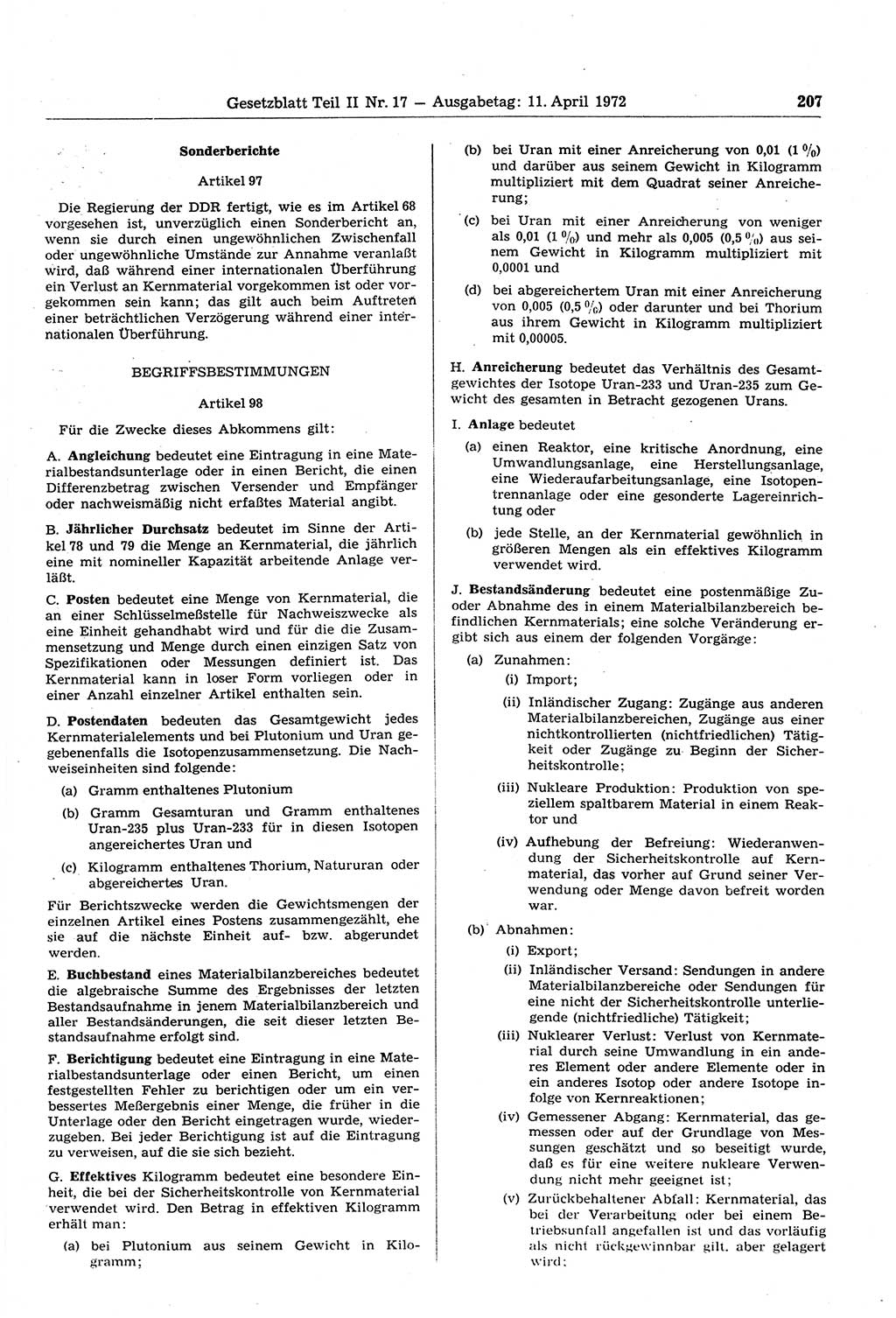 Gesetzblatt (GBl.) der Deutschen Demokratischen Republik (DDR) Teil ⅠⅠ 1972, Seite 207 (GBl. DDR ⅠⅠ 1972, S. 207)