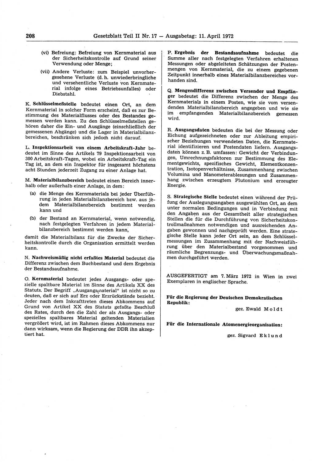 Gesetzblatt (GBl.) der Deutschen Demokratischen Republik (DDR) Teil ⅠⅠ 1972, Seite 208 (GBl. DDR ⅠⅠ 1972, S. 208)