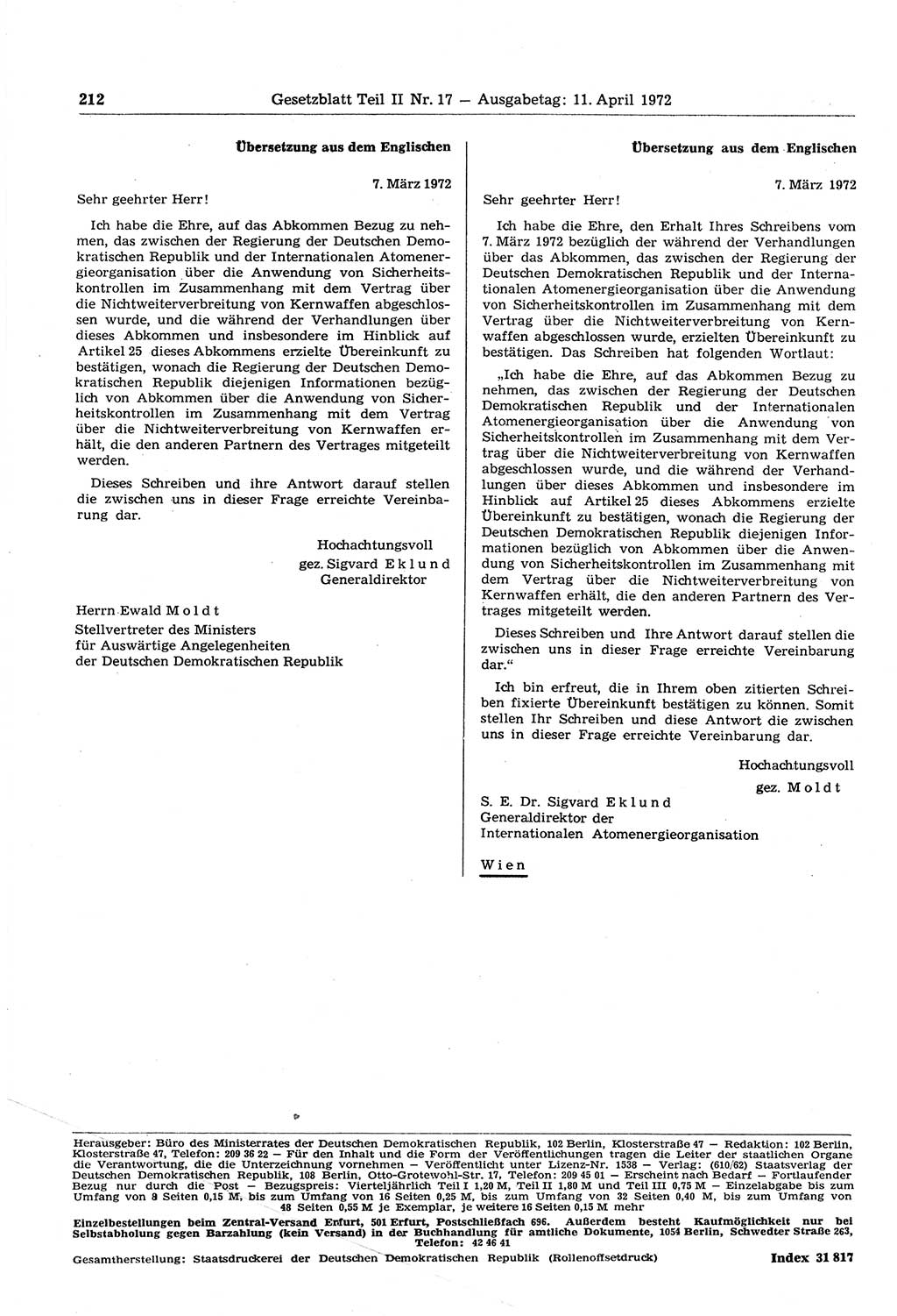 Gesetzblatt (GBl.) der Deutschen Demokratischen Republik (DDR) Teil ⅠⅠ 1972, Seite 212 (GBl. DDR ⅠⅠ 1972, S. 212)