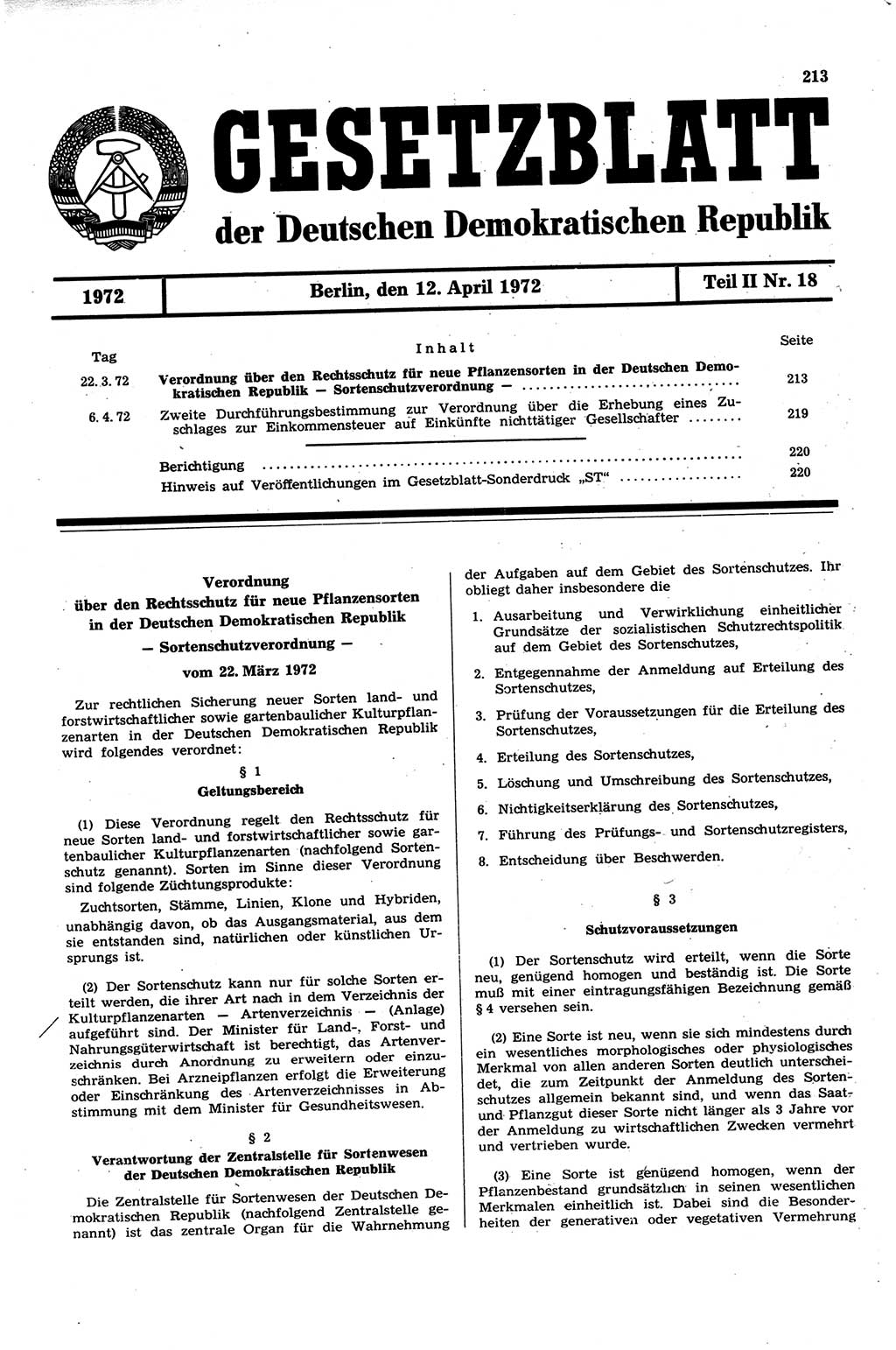 Gesetzblatt (GBl.) der Deutschen Demokratischen Republik (DDR) Teil ⅠⅠ 1972, Seite 213 (GBl. DDR ⅠⅠ 1972, S. 213)