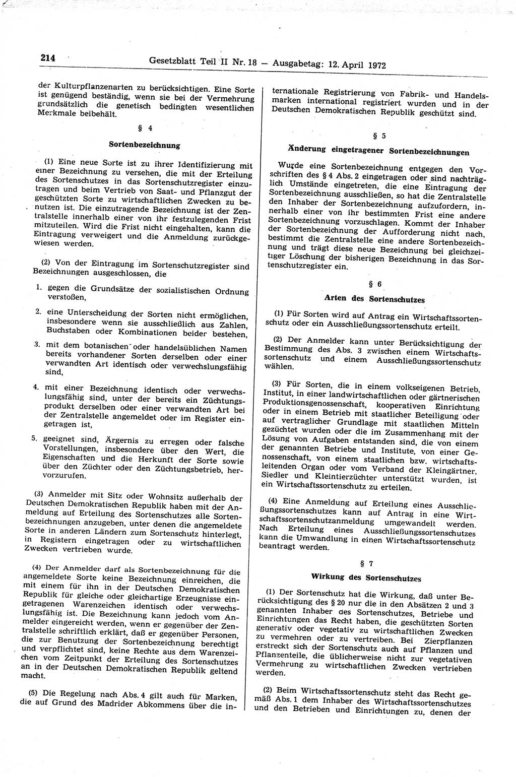Gesetzblatt (GBl.) der Deutschen Demokratischen Republik (DDR) Teil ⅠⅠ 1972, Seite 214 (GBl. DDR ⅠⅠ 1972, S. 214)