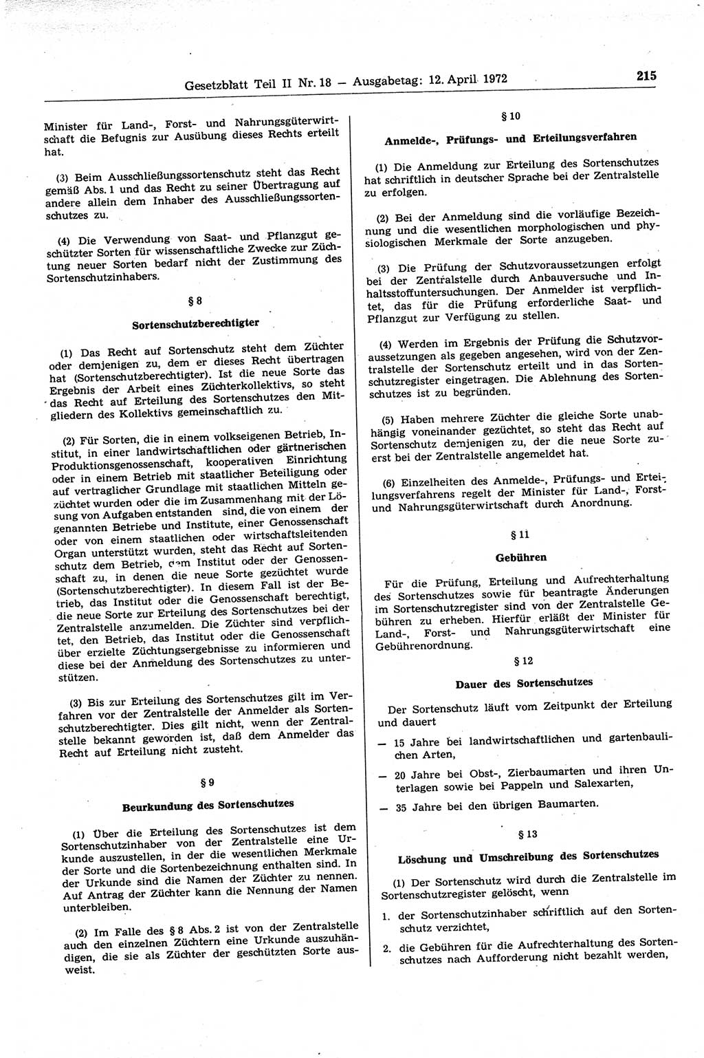 Gesetzblatt (GBl.) der Deutschen Demokratischen Republik (DDR) Teil ⅠⅠ 1972, Seite 215 (GBl. DDR ⅠⅠ 1972, S. 215)