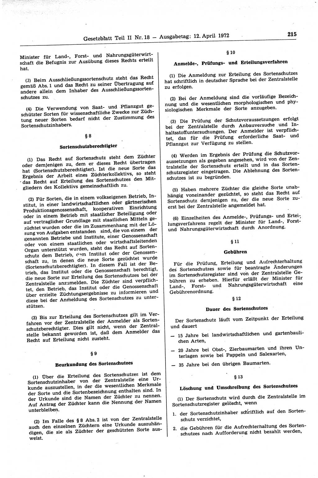 Gesetzblatt (GBl.) der Deutschen Demokratischen Republik (DDR) Teil ⅠⅠ 1972, Seite 215 (GBl. DDR ⅠⅠ 1972, S. 215)