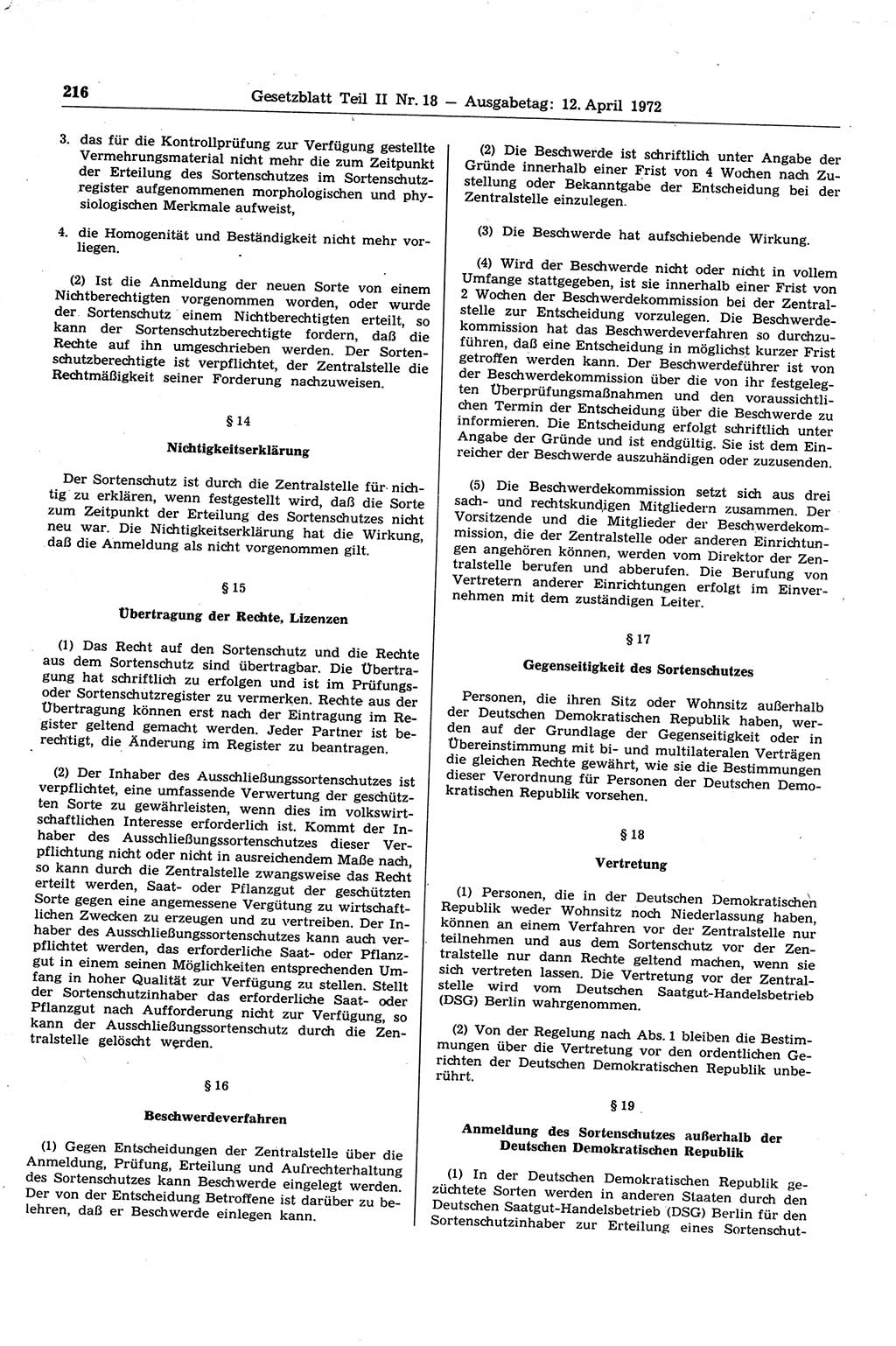 Gesetzblatt (GBl.) der Deutschen Demokratischen Republik (DDR) Teil ⅠⅠ 1972, Seite 216 (GBl. DDR ⅠⅠ 1972, S. 216)