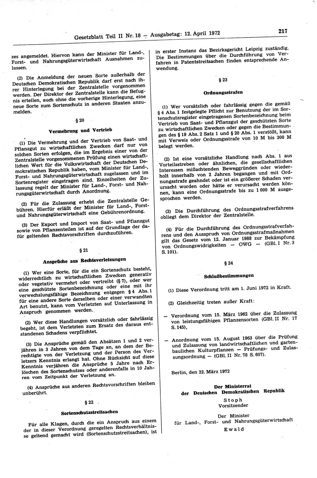 Gesetzblatt (GBl.) der Deutschen Demokratischen Republik (DDR) Teil ⅠⅠ 1972, Seite 217 (GBl. DDR ⅠⅠ 1972, S. 217)