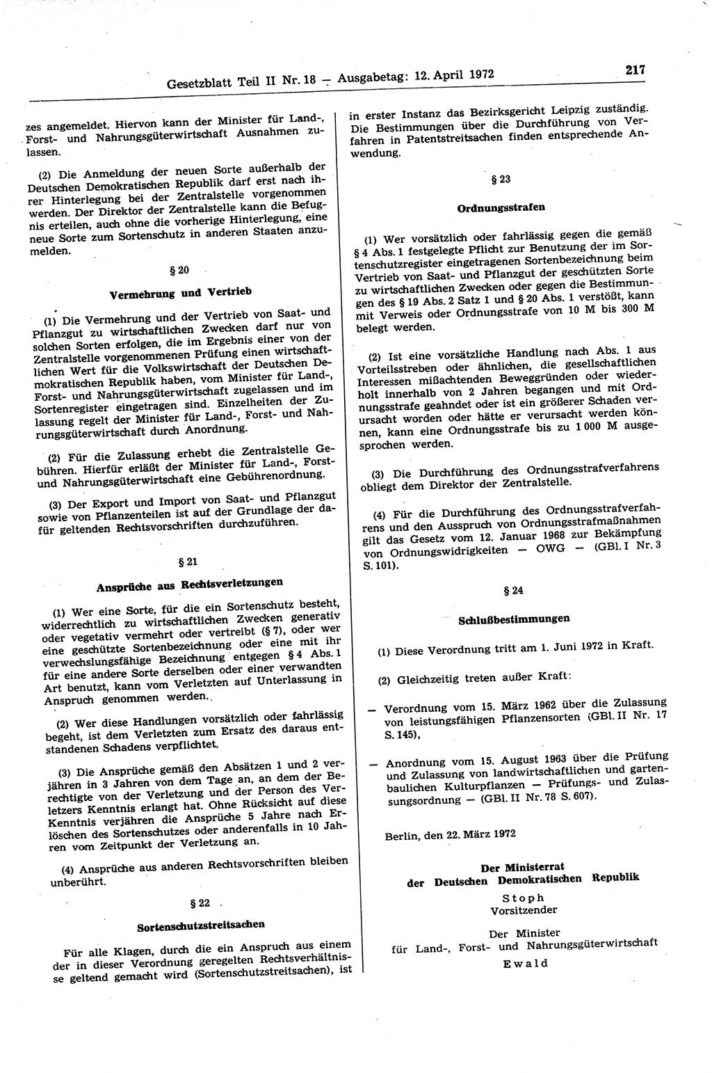 Gesetzblatt (GBl.) der Deutschen Demokratischen Republik (DDR) Teil ⅠⅠ 1972, Seite 217 (GBl. DDR ⅠⅠ 1972, S. 217)