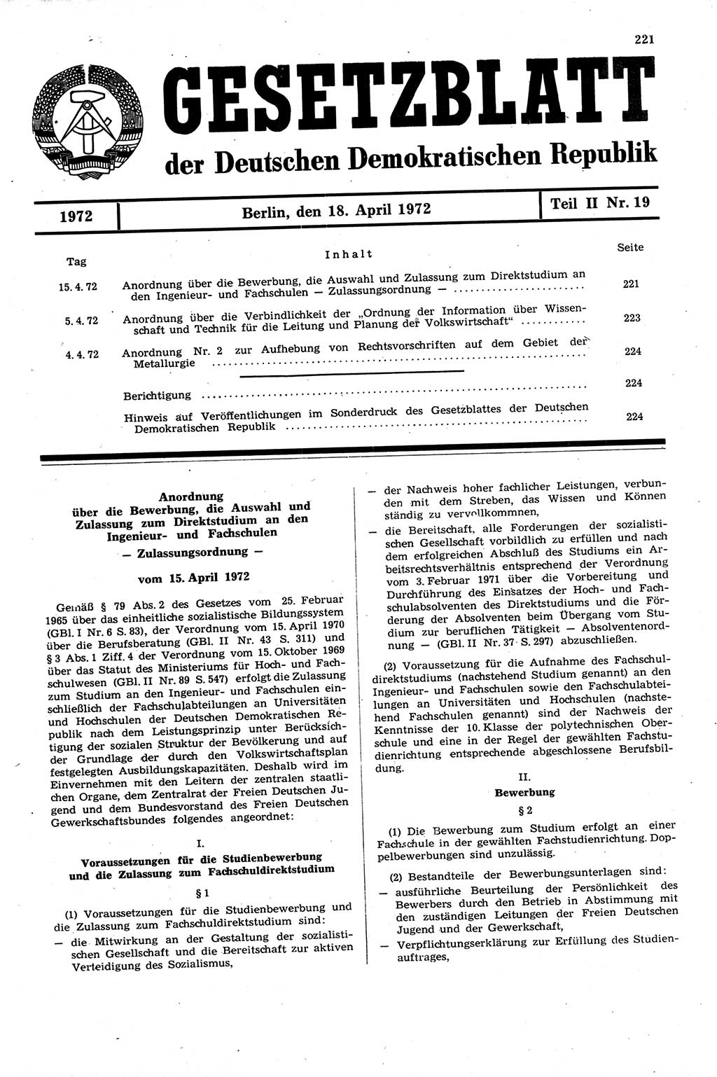 Gesetzblatt (GBl.) der Deutschen Demokratischen Republik (DDR) Teil ⅠⅠ 1972, Seite 221 (GBl. DDR ⅠⅠ 1972, S. 221)