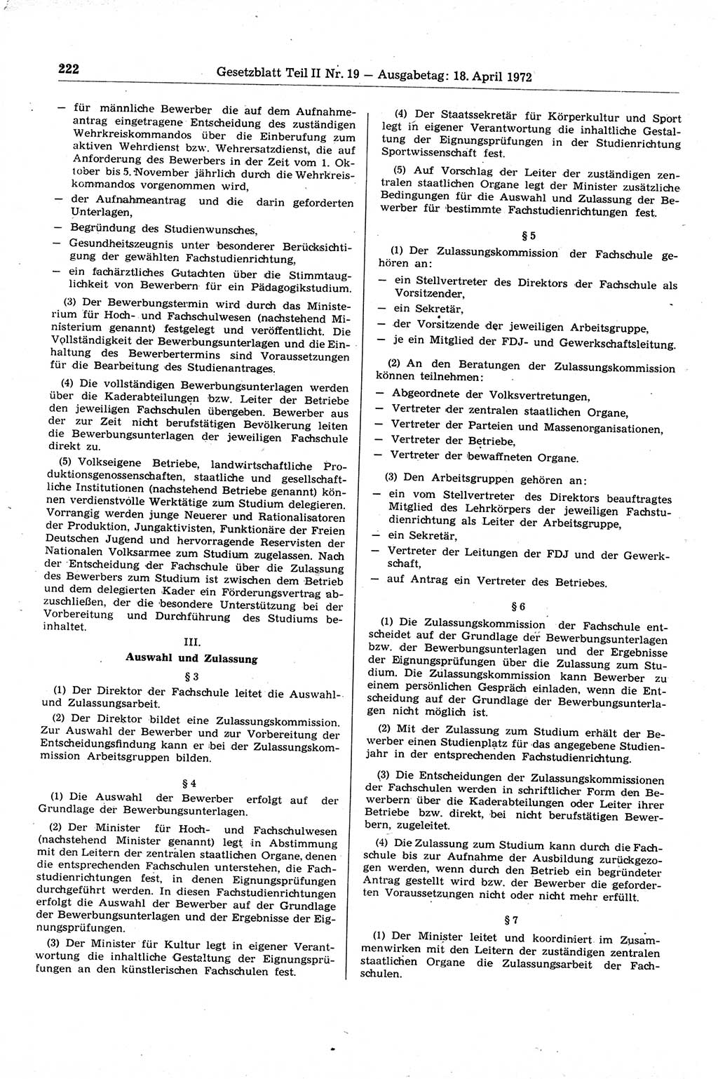Gesetzblatt (GBl.) der Deutschen Demokratischen Republik (DDR) Teil ⅠⅠ 1972, Seite 222 (GBl. DDR ⅠⅠ 1972, S. 222)