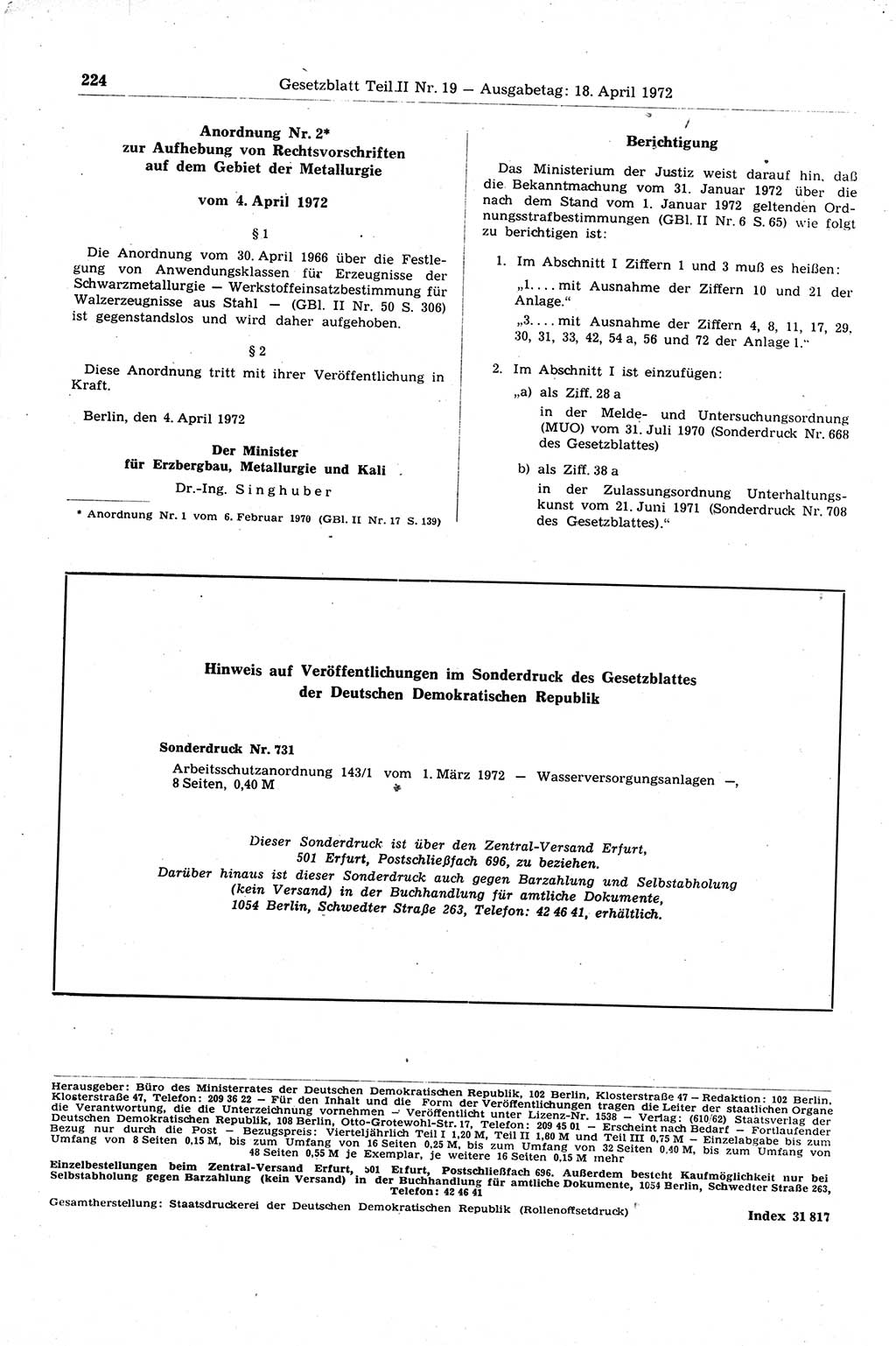 Gesetzblatt (GBl.) der Deutschen Demokratischen Republik (DDR) Teil ⅠⅠ 1972, Seite 224 (GBl. DDR ⅠⅠ 1972, S. 224)