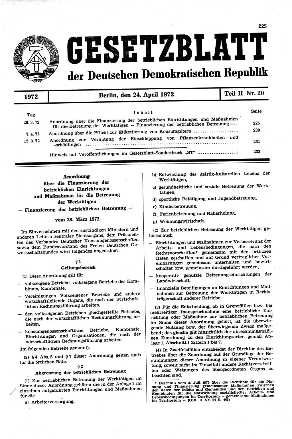 Gesetzblatt (GBl.) der Deutschen Demokratischen Republik (DDR) Teil ⅠⅠ 1972, Seite 225 (GBl. DDR ⅠⅠ 1972, S. 225)