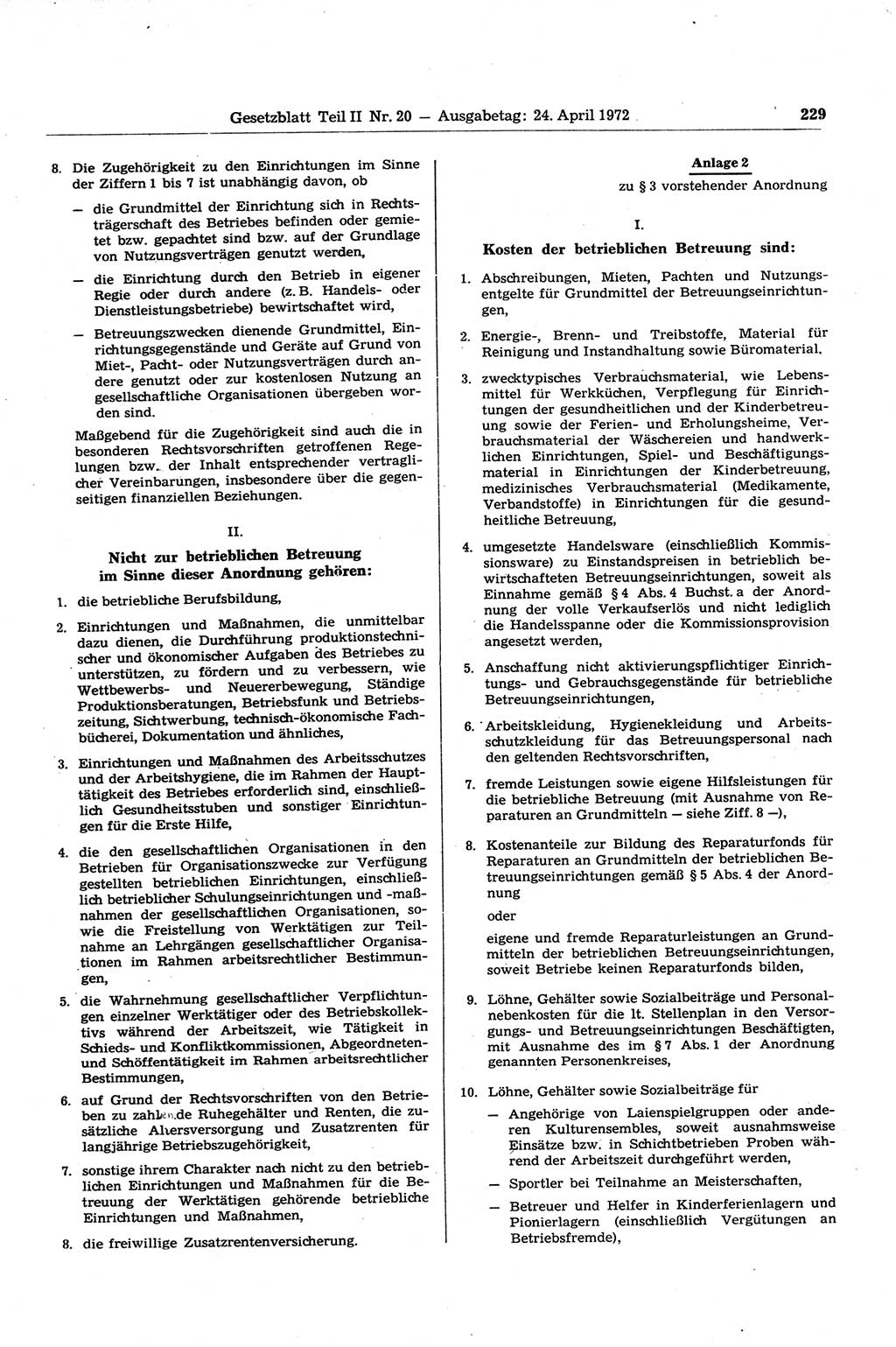 Gesetzblatt (GBl.) der Deutschen Demokratischen Republik (DDR) Teil ⅠⅠ 1972, Seite 229 (GBl. DDR ⅠⅠ 1972, S. 229)