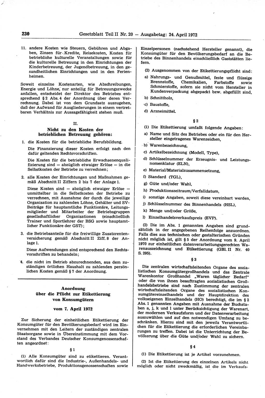 Gesetzblatt (GBl.) der Deutschen Demokratischen Republik (DDR) Teil ⅠⅠ 1972, Seite 230 (GBl. DDR ⅠⅠ 1972, S. 230)
