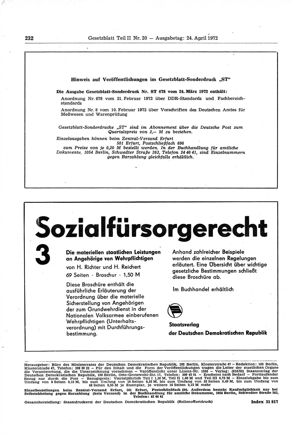 Gesetzblatt (GBl.) der Deutschen Demokratischen Republik (DDR) Teil ⅠⅠ 1972, Seite 232 (GBl. DDR ⅠⅠ 1972, S. 232)