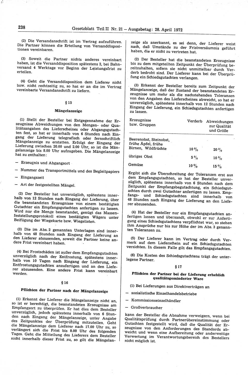 Gesetzblatt (GBl.) der Deutschen Demokratischen Republik (DDR) Teil ⅠⅠ 1972, Seite 238 (GBl. DDR ⅠⅠ 1972, S. 238)