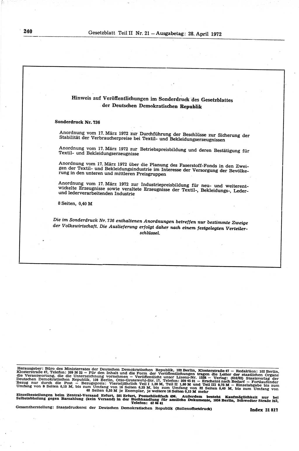 Gesetzblatt (GBl.) der Deutschen Demokratischen Republik (DDR) Teil ⅠⅠ 1972, Seite 240 (GBl. DDR ⅠⅠ 1972, S. 240)